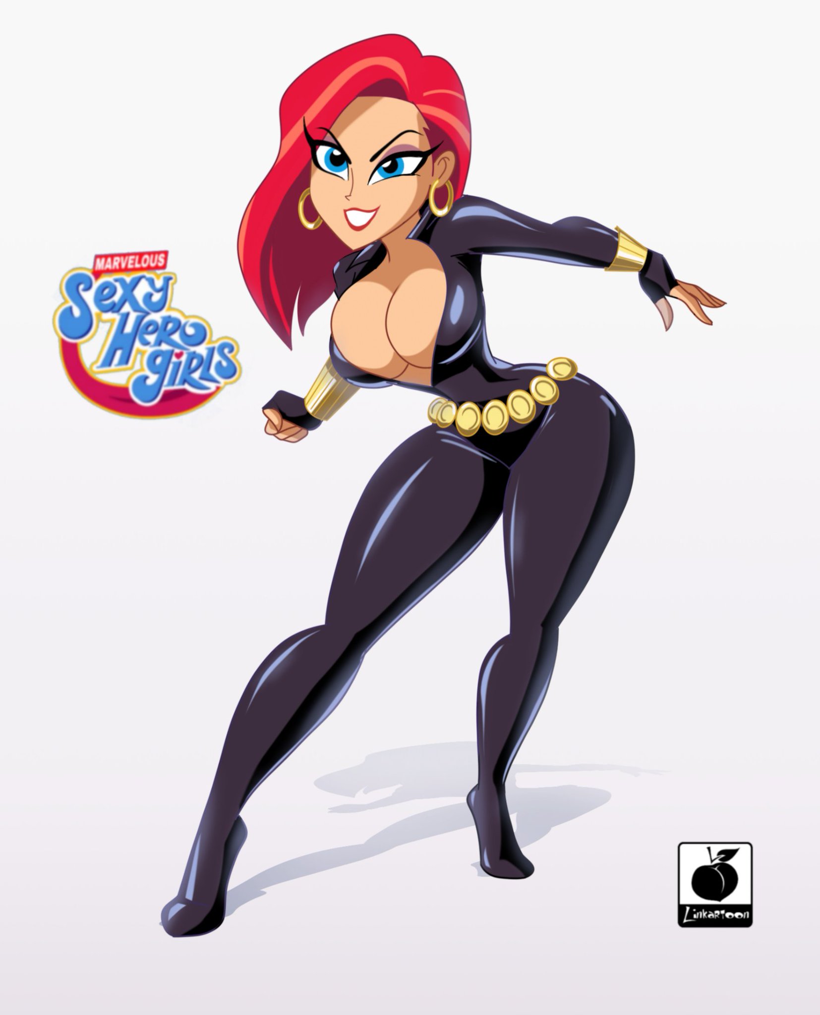 1girls, ass, avengers, big breasts, black widow (marvel), breasts, bust, busty, cleavage, dc, dc comics, dc super hero girls, ear piercing, earrings, eyeshadow, female, female only, female superhero, hoop earrings, huge breasts, large breasts, linkartoon, lipstick, logo, looking at viewer, makeup, marvel, marvel comics, marvelous sexy hero girls, natasha romanoff, pose, short hair, smile, smiling, smirk, solo, solo female, solo focus, spy, superhero, superheroine, thick, thick ass, thick legs, thick thighs, thighs, tight clothing, tight fit, upper body, voluptuous, watermark, wide hips