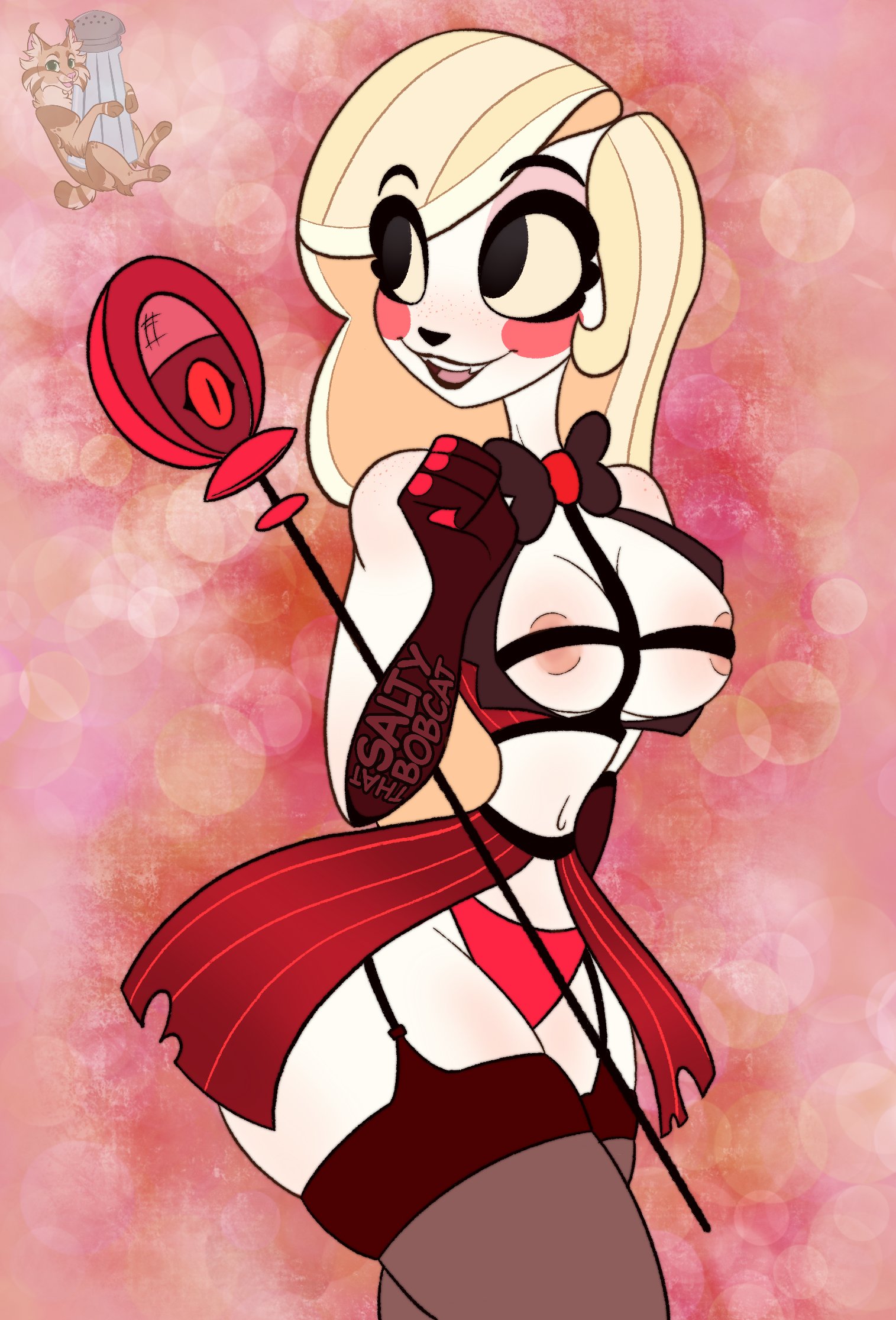 1girls, belly button, big breasts, big eyes, blonde hair, bowtie, breasts, charlie morningstar (hazbin hotel), clenched hand, clothing, cosplay, demon, demon girl, fangs, female, female only, footwear, handwear, hazbin hotel, microphone, open mouth, rosy cheeks, sharp teeth, smile, smiling, solo, solo female, tagme, thatsaltybobcat, thick thighs, thighs, thin waist, vivienne medrano, wide eyed