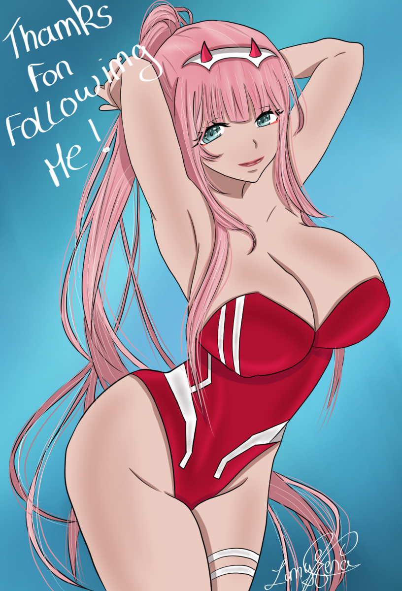 big_breasts blue_eyes breasts cleavage darling_in_the_franxx huge_breasts lunyfera(artist) one-piece_swimsuit pink_hair swimsuit thighs zero_two_(darling_in_the_franxx)