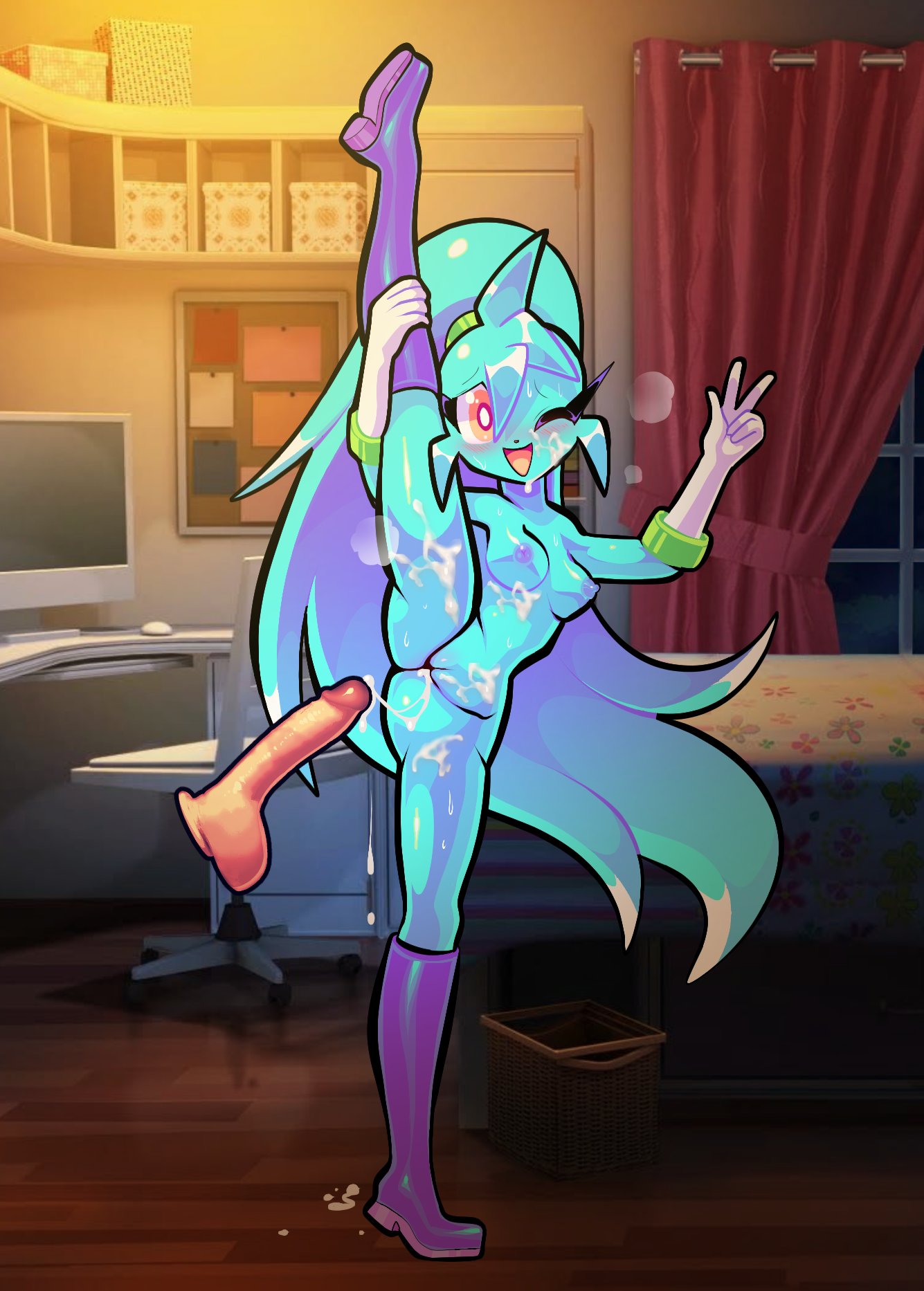 anthro blush boots breasts cum disembodied_penis exposed_pussy gloves leg_lift loulouvz peace_sign penis pussy spaicy spaicy_chicross