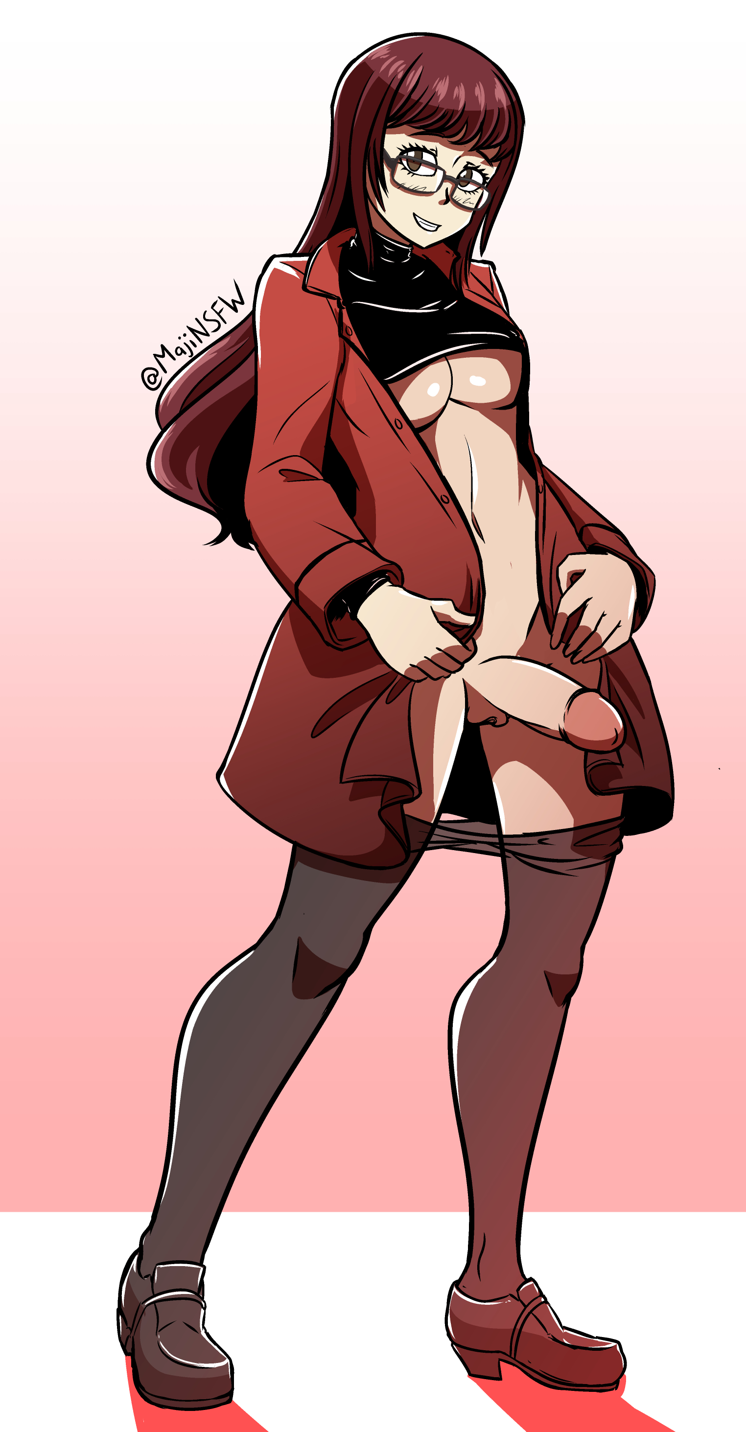 1futa, atlus, blush, breasts, brown hair, clothed, clothing, futa only, futa sans balls, futanari, glasses, human, intersex, kasumi yoshizawa, long hair, majinsfw, pale skin, pantyhose, pantyhose down, partially clothed, penis, persona, persona 5, persona 5 royal, pussy, smile, solo, solo futa, standing, sumire yoshizawa, thighhighs, underboob