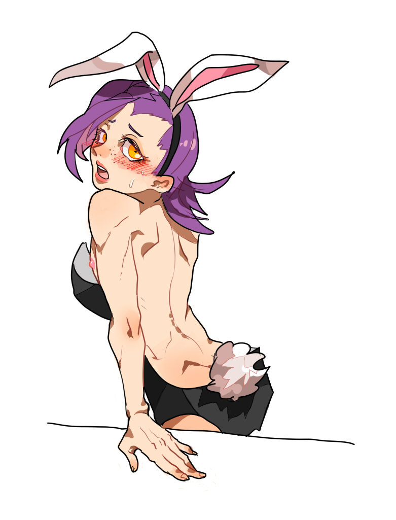 1boy blush blushing bunny_boy bunny_ears bunny_tail bunnysuit crossdressing embarrassed facing_away femboy freckles jojo's_bizarre_adventure lipstick looking_back male_only nipple_slip playboy_bunny solo_male trap vento_aureo vinegar_doppio