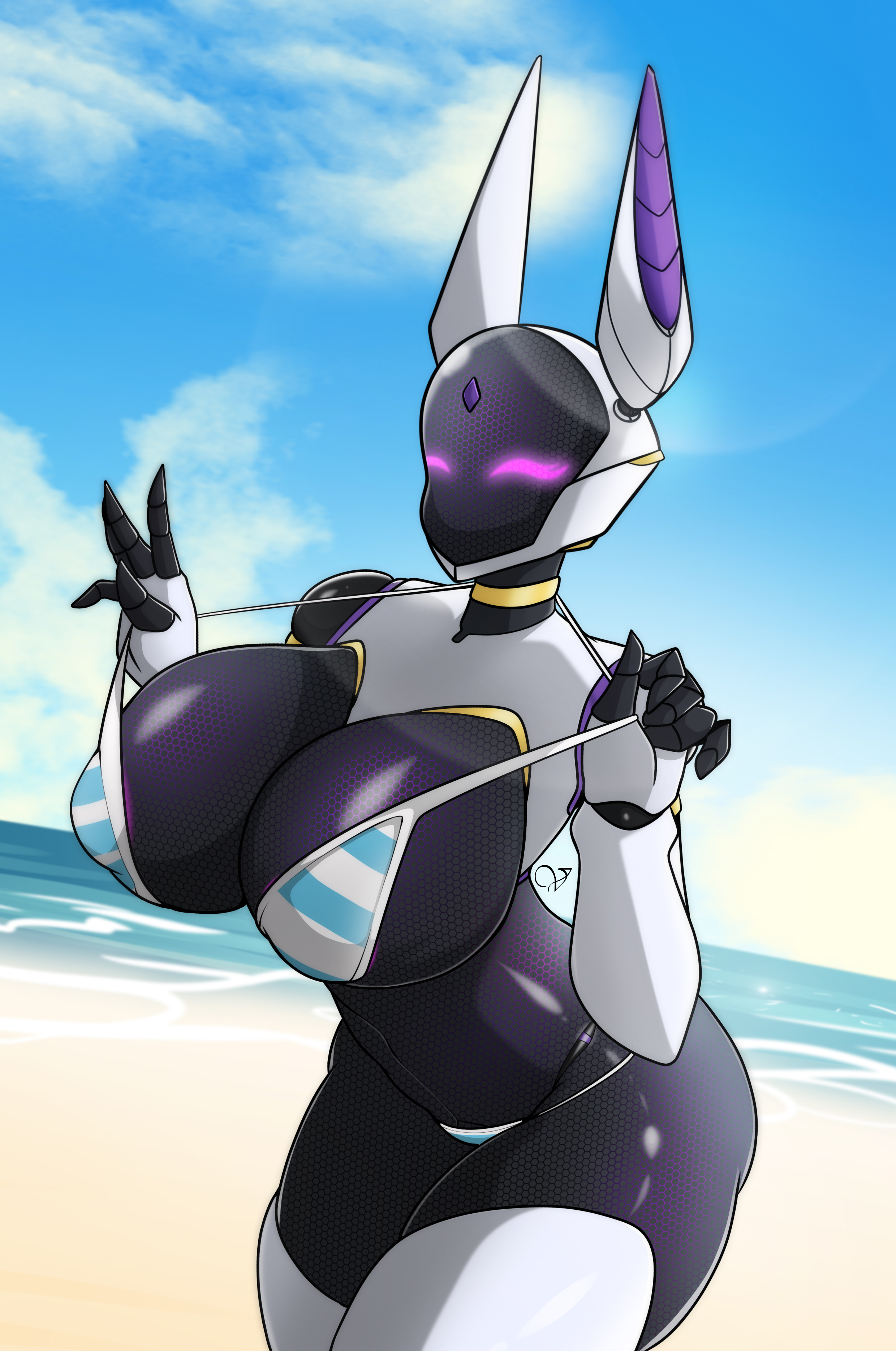 1girls, 5 fingers, anthro, anthrofied, ass, beach, belly, belly button, big ass, big breasts, big butt, bikini, black skin, bra, bra pull, breasts, canine, cleavage, clothed, clothes, clothing, cloud, dog ears, eyelashes, eyes closed, female, female only, gynoid, hips, huge ass, huge breasts, huge butt, humanoid, jackal, large ass, large breasts, large butt, looking at viewer, mammal, mouthless, navel, nipples, no mouth, panties, purple eyes, robot, sand, sea, seaside, seductive, seductive eyes, simple background, sky, solo, solo female, standing, thick, thick ass, thick thighs, thighs, underwear, venus (zzvinniezz), voluptuous, water, white skin, wide hips, zzvinniezz
