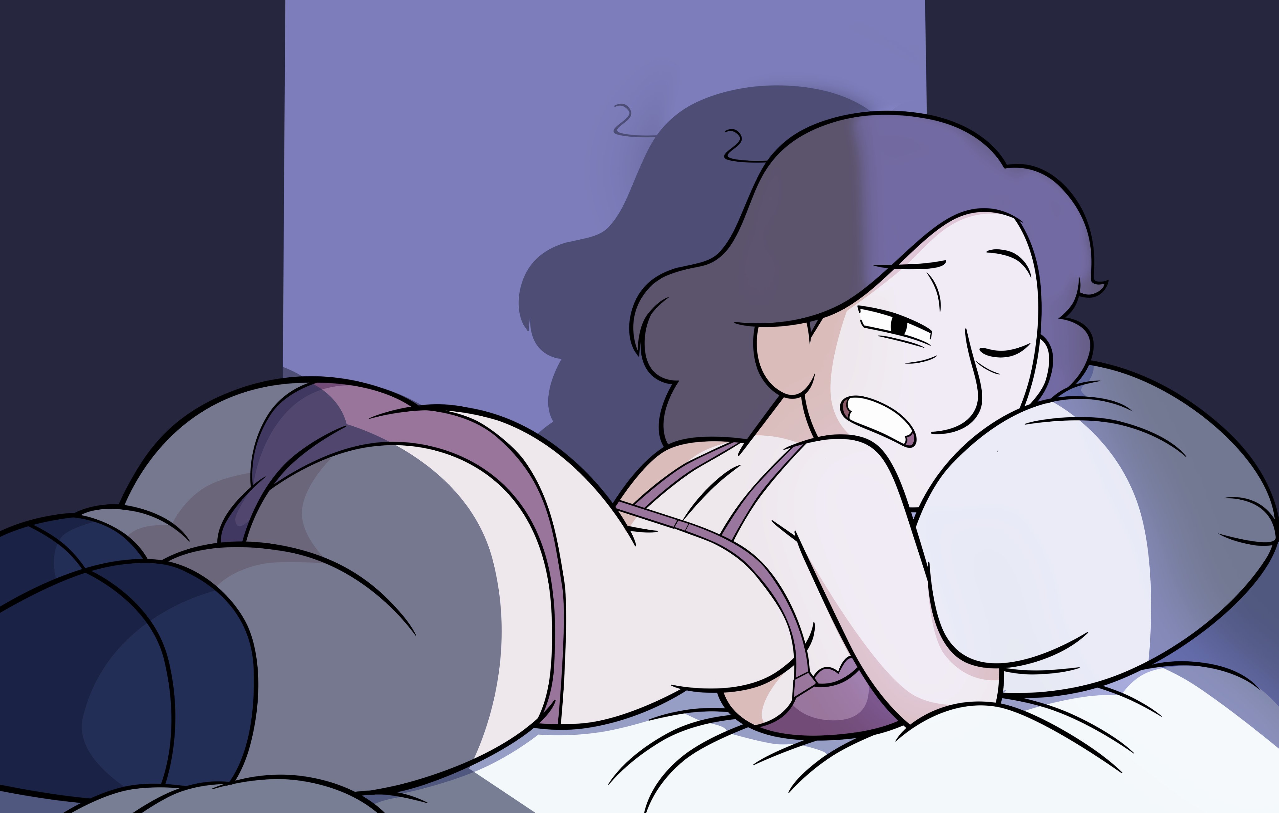 ass, bed, bedroom, big ass, big breasts, bra, breasts, brown hair, clothing, eye bags, female, grimphantom, hilda (series), johanna (hilda), laying down, laying on bed, laying on stomach, light skin, messy hair, milf, panties, pillow, plump ass, round ass, round butt, short hair, solo, thick, thick ass, underwear, voluptuous, waking up