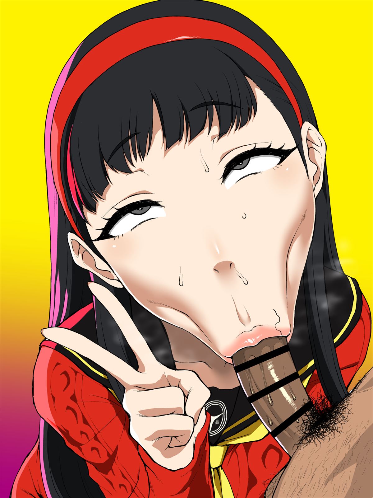 1boy 1girls :>= amagi_yukiko atlus black_hair blowjob_face censored clothed_female_nude_male eyes_rolling_back fellatio golgonzola long_hair oral parumezan peace_sign persona persona_4 sweat v