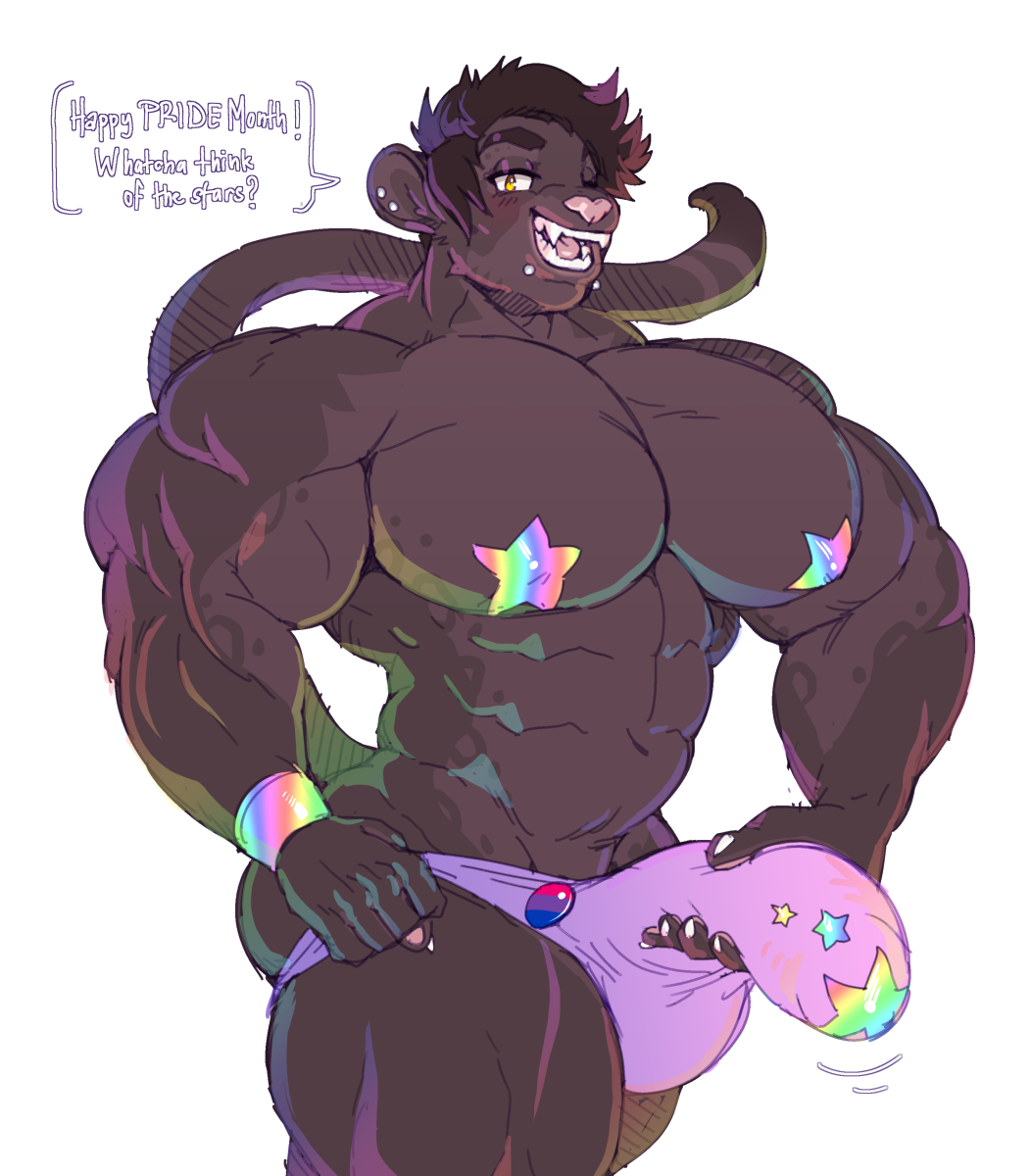 1boy 2019 5_fingers abs anthro armband big_biceps big_muscles biped bulge clothed clothing dialogue digital_media_(artwork) ear_piercing english_text facial_piercing felid fingers genital_outline genitals hatching_(art) hi_res leopard lip_piercing male male_only mammal melanistic muscular muscular_anthro muscular_male navel open_mouth pantherine partial_nudity pasties penis_outline piercing rainbow_symbol shaded simple_background solo speedo swimwear sxfpantera text topless white_background