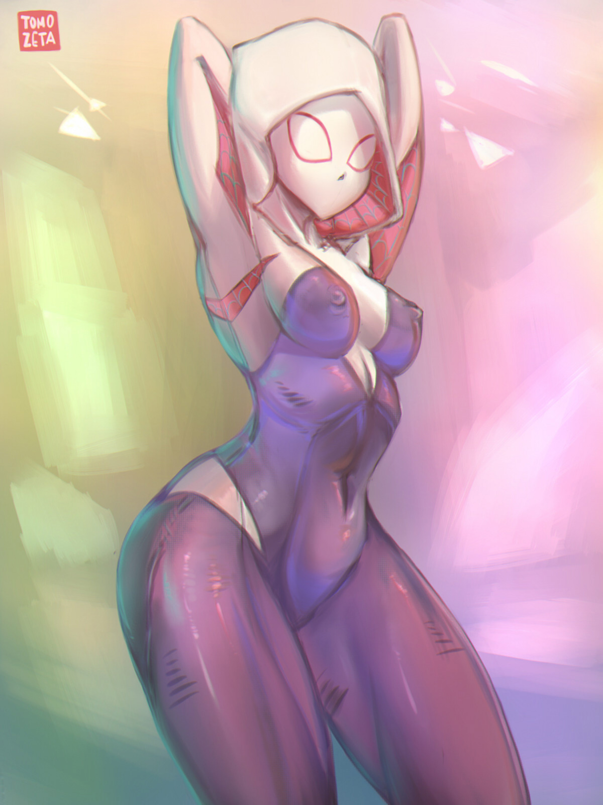 abs, abstract background, arms behind head, arms up, female, gwen stacy, hood, looking at viewer, marvel, marvel comics, mask, nipples, nipples visible through clothing, skintight suit, spider-gwen, spider-man (series), thick thighs, tight suit, tomo zeta