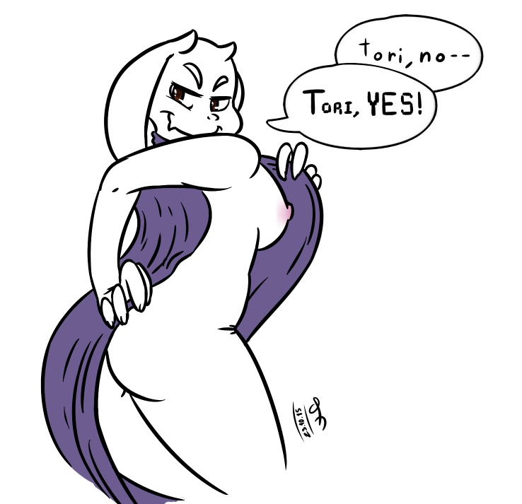 1girls 2015 anthro ass breasts brown_eyes clothes_removed daclusia dialogue english_text eyebrows goat horns humanoid_hands looking_back lowres nipples partially_clothed seductive signature speech_bubble toriel undertale white_background white_eyebrows white_fur