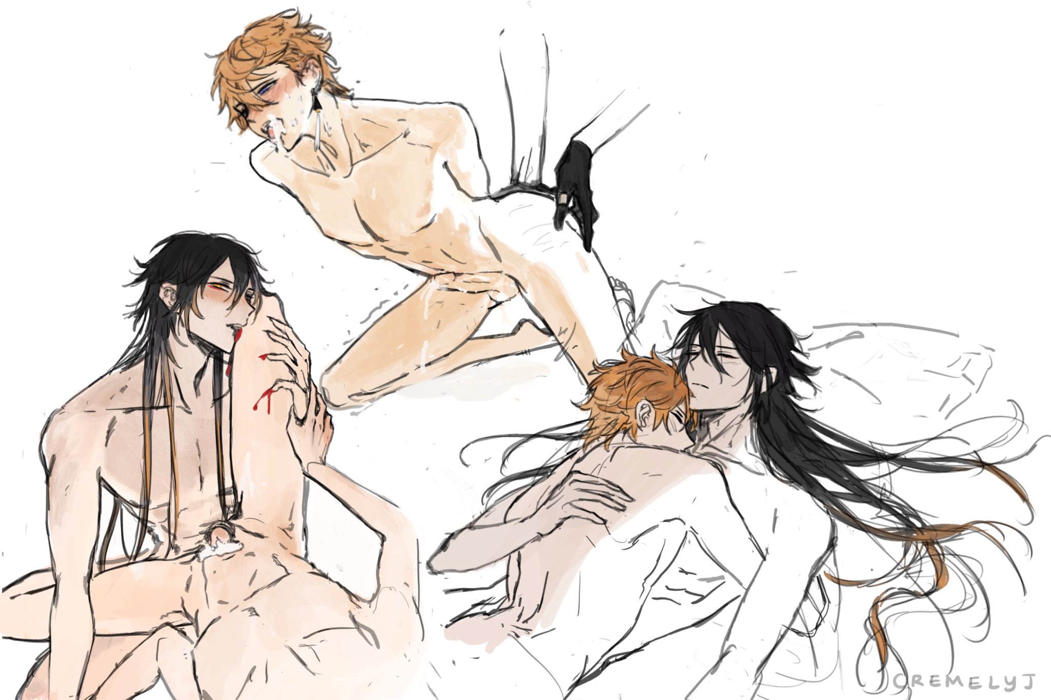 2boys, anal, black gloves, black hair, blood, blue eyes, childe (genshin impact), cremelyj, cum, genshin impact, ginger hair, gradient hair, long hair, male, orange hair, simple background, tartaglia (genshin impact), yaoi, zhongli (genshin impact)