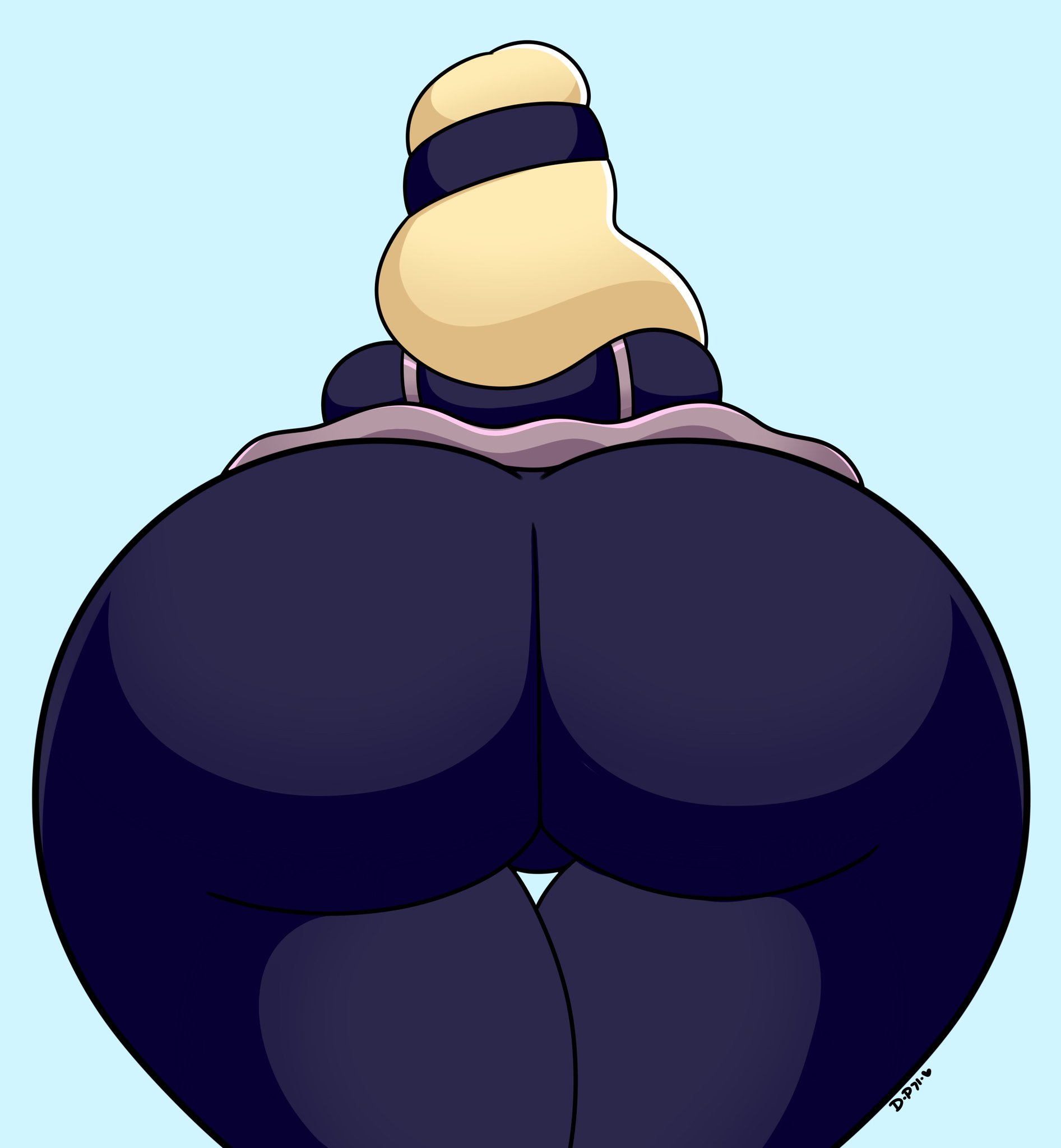 1girls, ass, bending over, big ass, blonde hair, blue background, clothing, daisy-pink71, female, headband, large ass, leaning, long hair, mifune chihaya, persona, persona 5, solo, thick, thick thighs, wide hips
