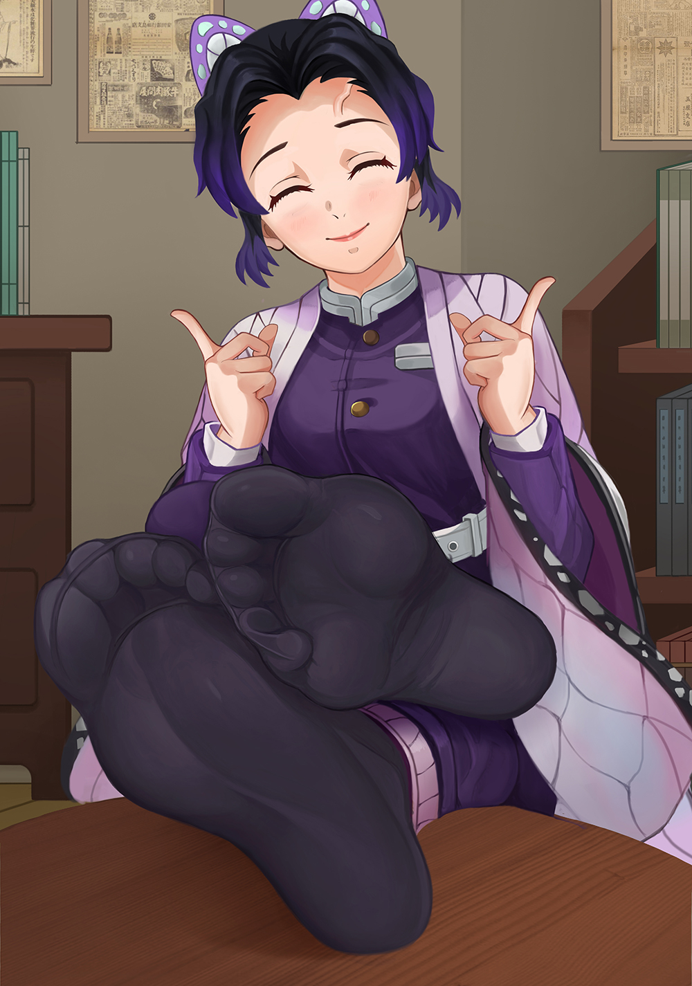 angry bangs black_socks demon_slayer feet feet_on_table female foot_fetish foot_focus fully_clothed hair_ornament haori kimetsu_no_yaiba kochou_shinobu purple purple_eyes smile socks soles solo solo_(twsolo)