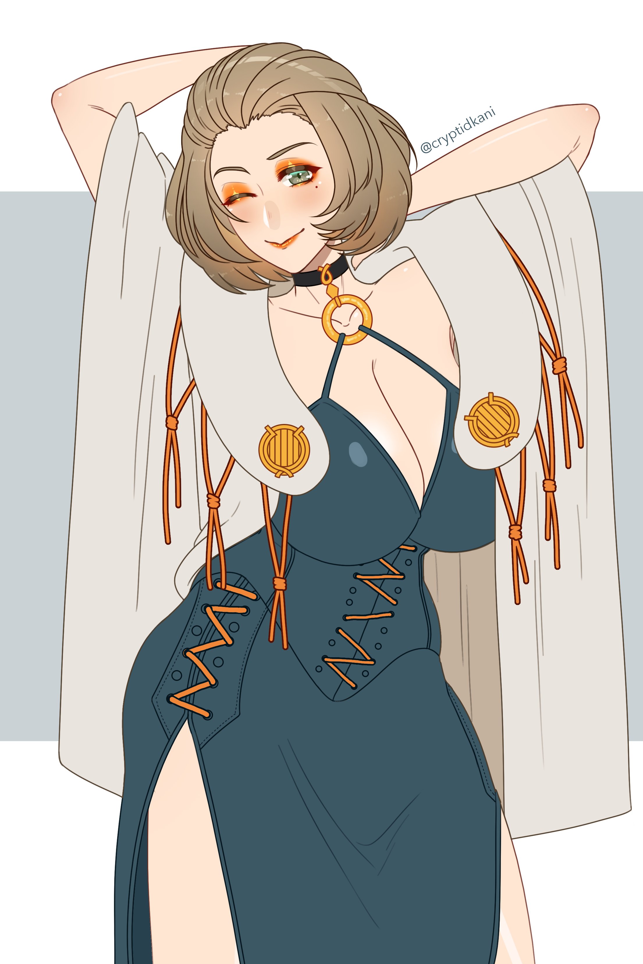 1girls, arms behind head, arms up, bare legs, breasts, brown hair, choker, cleavage, coat, cryptid crab, eyeshadow, female, fire emblem, fire emblem: three houses, green eyes, huge breasts, large breasts, looking at viewer, makeup, manuela casagranda, milf, nintendo, one eye closed, orange eyeshadow, orange lipstick, short hair, smile, solo, white background, wink