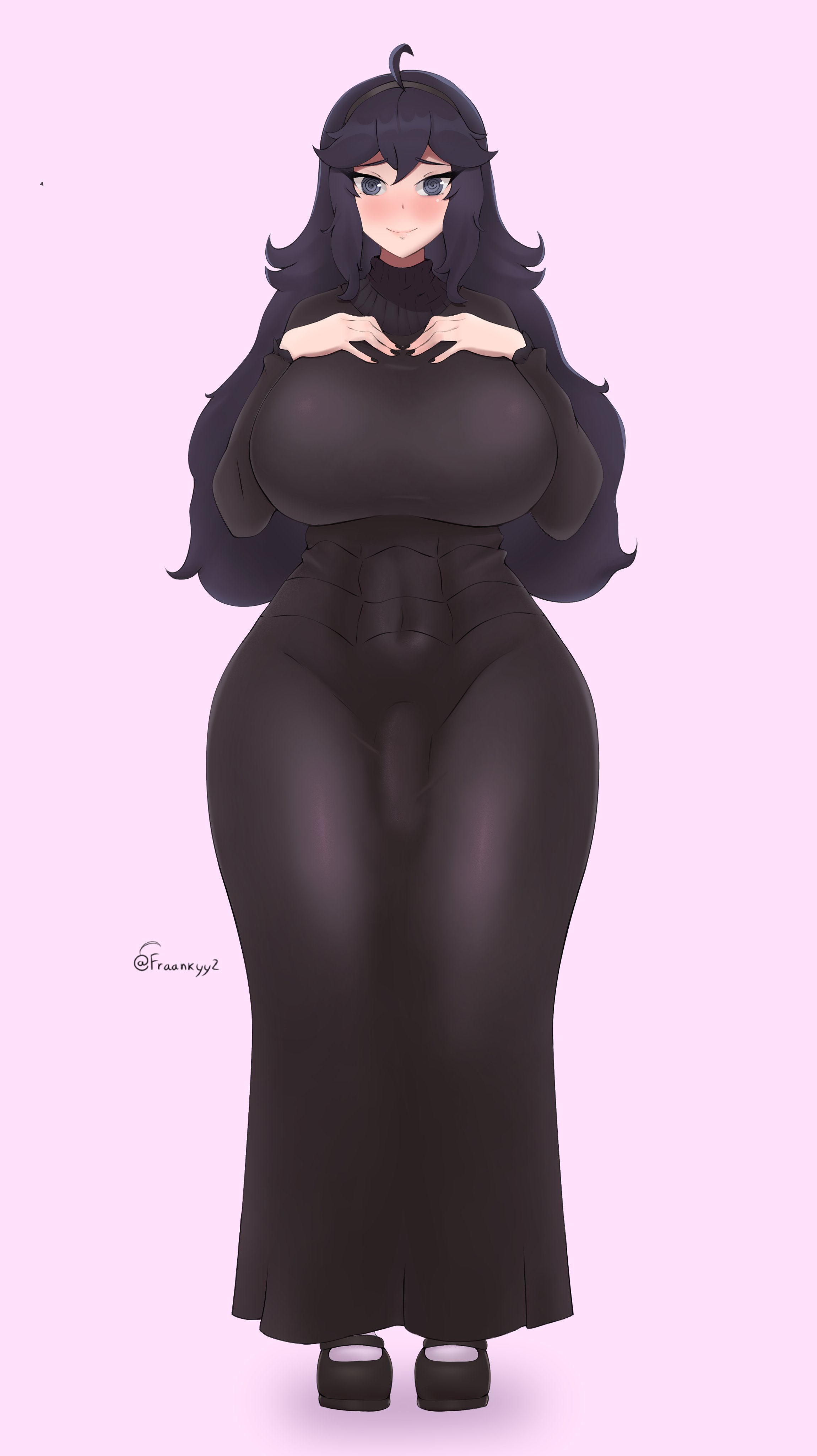 1futa, black dress, breasts, clothed, clothing, curvaceous, dress, fraankyy, full body, fully clothed, futa only, futanari, hands on own chest, hex maniac, high resolution, huge breasts, intersex, large breasts, long dress, looking at viewer, nail polish, penis, penis under clothes, pokemon, purple eyes, purple hair, socks, solo, standing, thick thighs, thighs, very high resolution, wide hips
