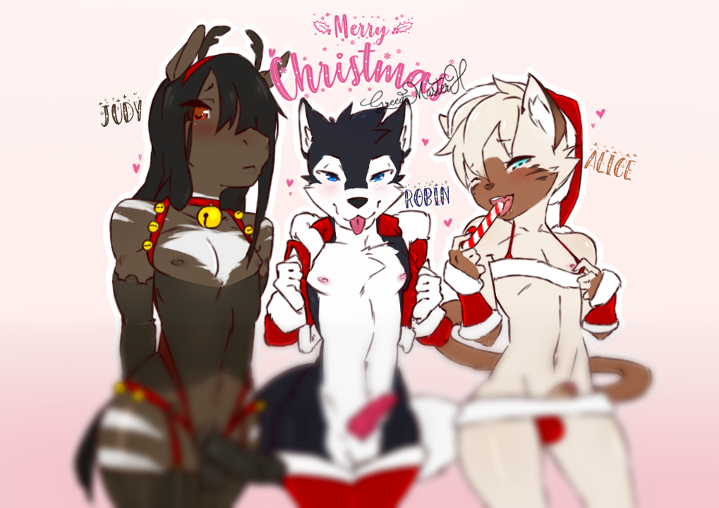 alice_(greedmasterh) animal_genitalia anthro canine canine_penis censored christmas feline femboy furry furry_only greedmasterh horse horsecock judy_(greedmasterh) male male_only penis reindeer_costume roobi_(greedmasterh) santa_costume santa_hat wolf