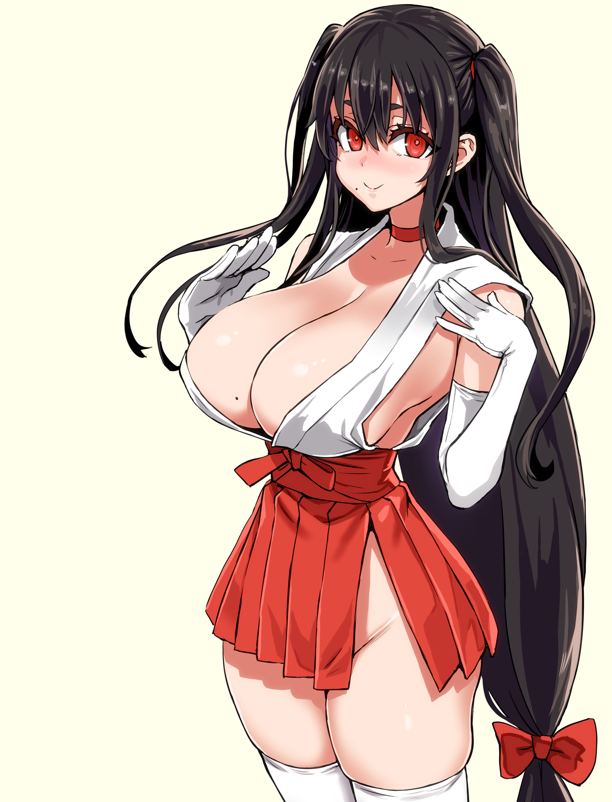 asanagi, big breasts, blush, breasts, choker, curvy, dark hair, female, female only, hair ribbon, huge breasts, long hair, looking at viewer, mole on breast, mole under mouth, original, red eyes, revealing clothes, sideboob, simple background, skirt, solo, thick thighs, thighhighs, tied hair, two side up
