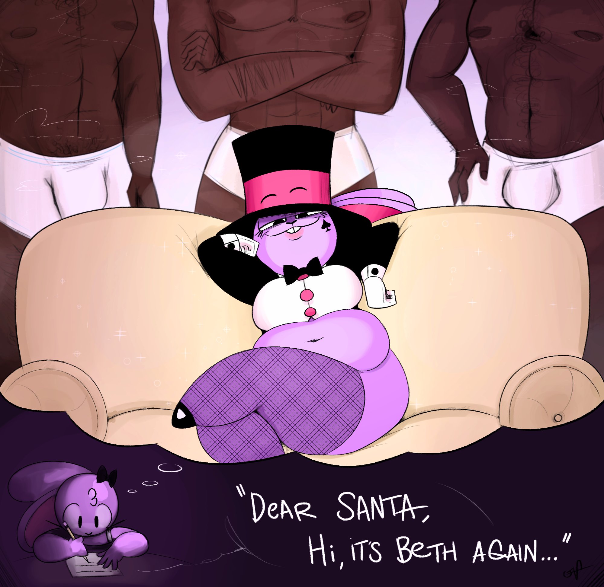 1girls, 3boys, anthro, beth (ota), beth bunny (ota), big penis, dark skin, dark-skinned male, english text, female, interracial, magician bunny, male, ota (artist), penis, queen of spades, rabbit, text