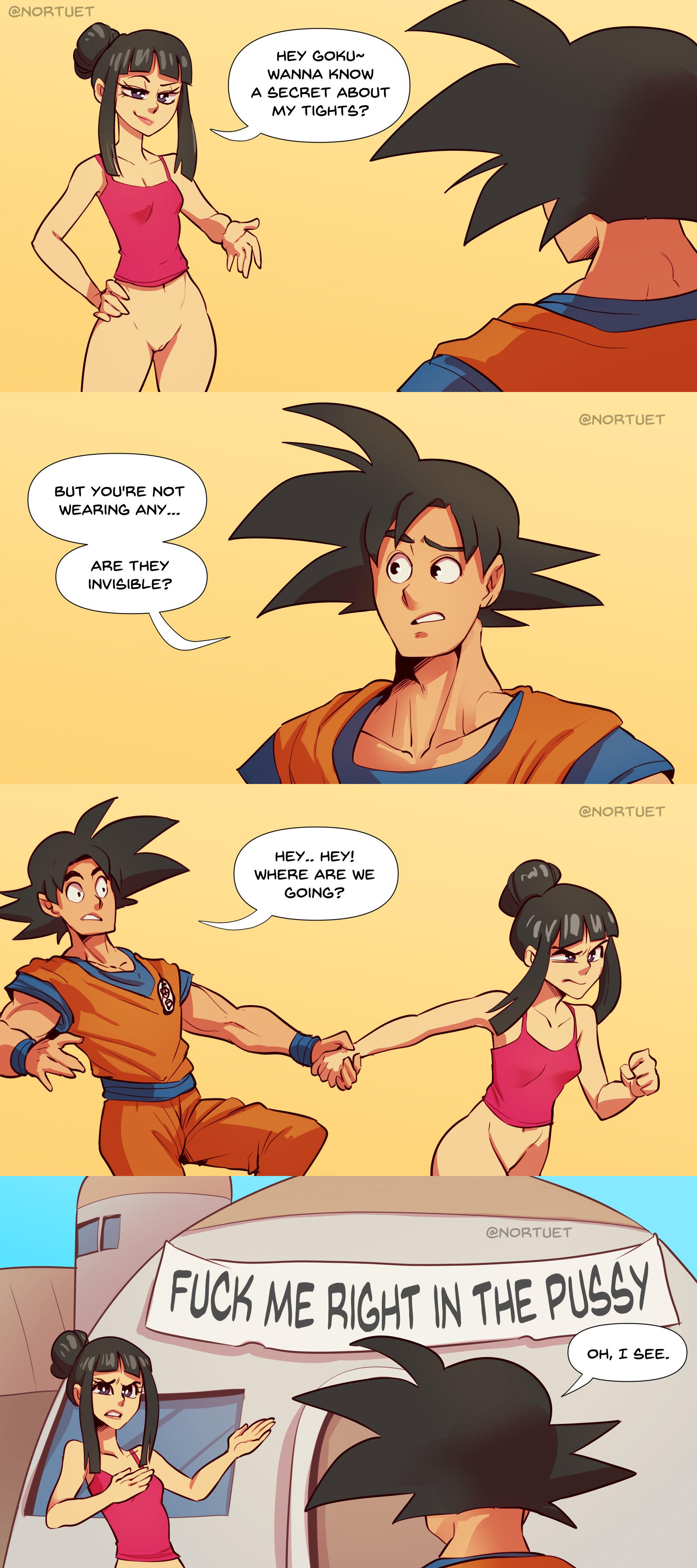1boy, 1girls, 4koma, black hair, bottomless, breasts, canon couple, chichi, comic, couple, dragon ball, dragon ball z, english text, female, goku, hair bun, humor, husband and wife, male, nortuet, oblivious, profanity, purple eyes, pussy, shounen jump, small breasts, son goku, straight, stupid