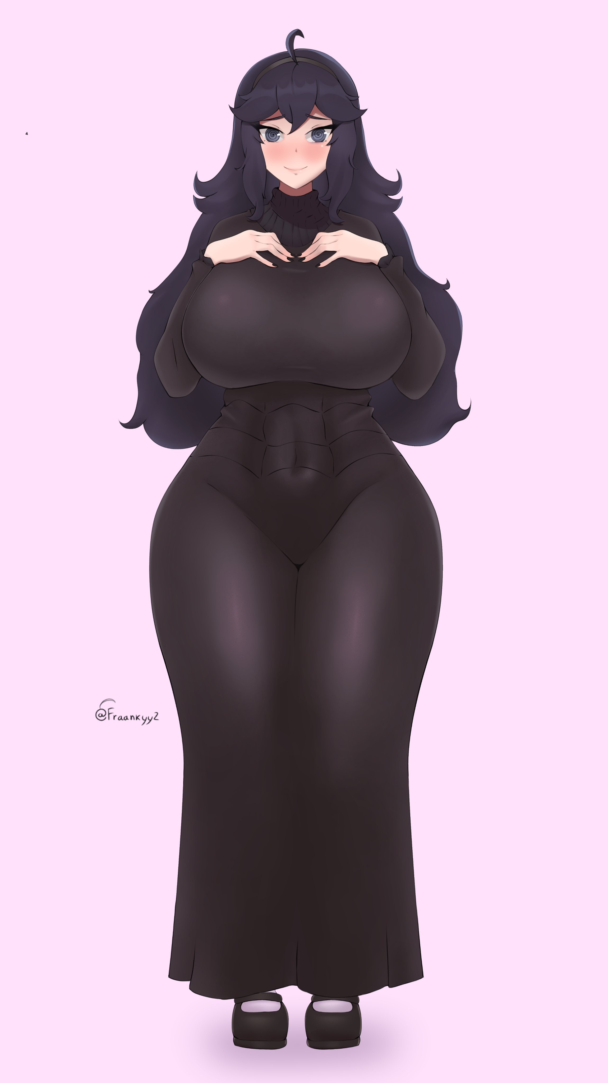 1girls, black dress, breasts, clothed, curvaceous, dress, female, fraankyy, full body, hands on own chest, hex maniac, high resolution, large breasts, long dress, looking at viewer, nail polish, pokemon, purple eyes, purple hair, socks, solo, standing, thick thighs, thighs, very high resolution, wide hips