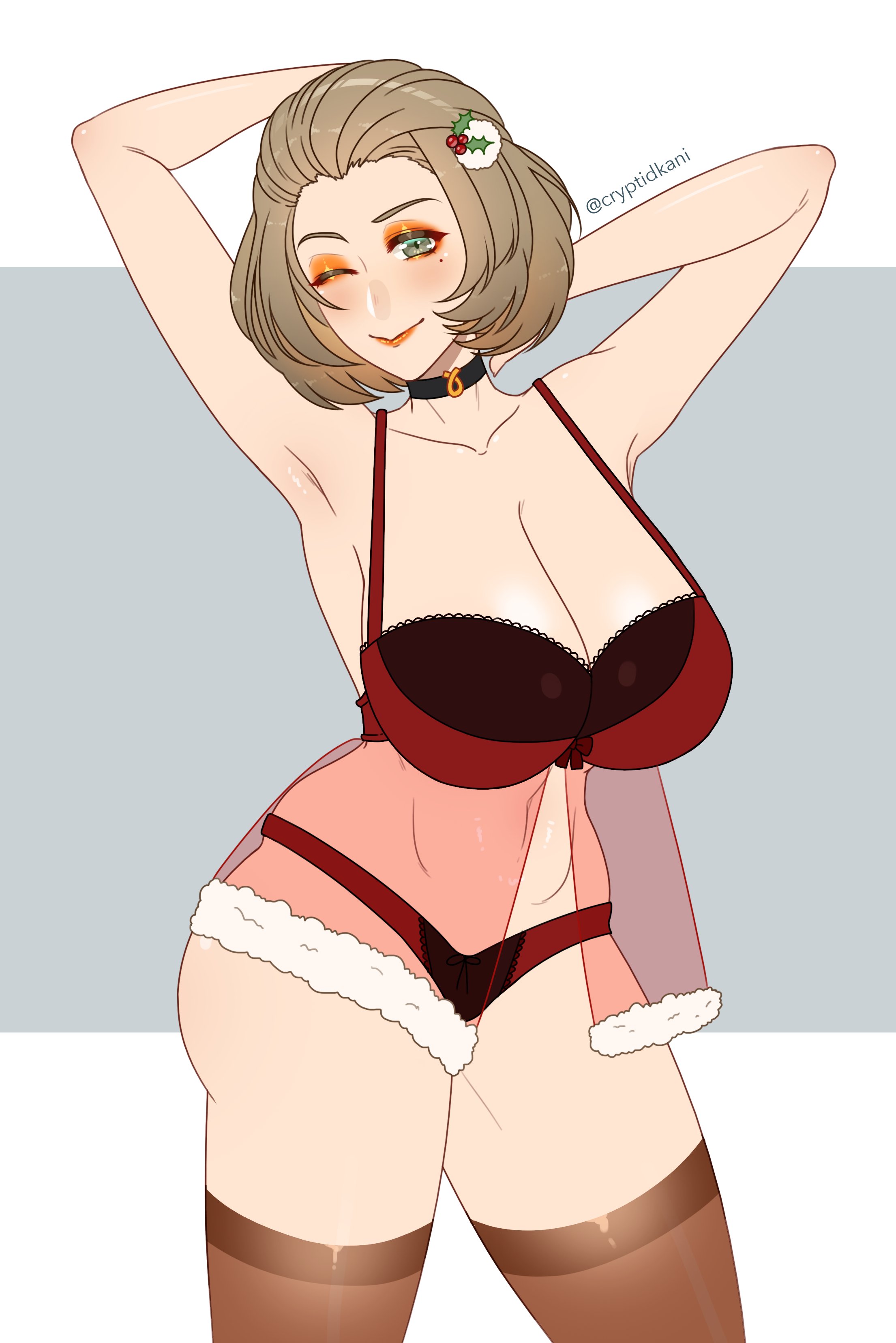 1girls, alternate costume, armpits, arms behind head, arms up, bare thighs, blush, breasts, brown hair, choker, christmas, cleavage, cryptid crab, eyeshadow, female, fire emblem, fire emblem: three houses, green eyes, huge breasts, large breasts, lingerie, looking at viewer, makeup, manuela casagranda, milf, nintendo, one eye closed, orange eyeshadow, orange lipstick, panties, red panties, see-through, short hair, smile, solo, thick thighs, thighhighs, white background, wink