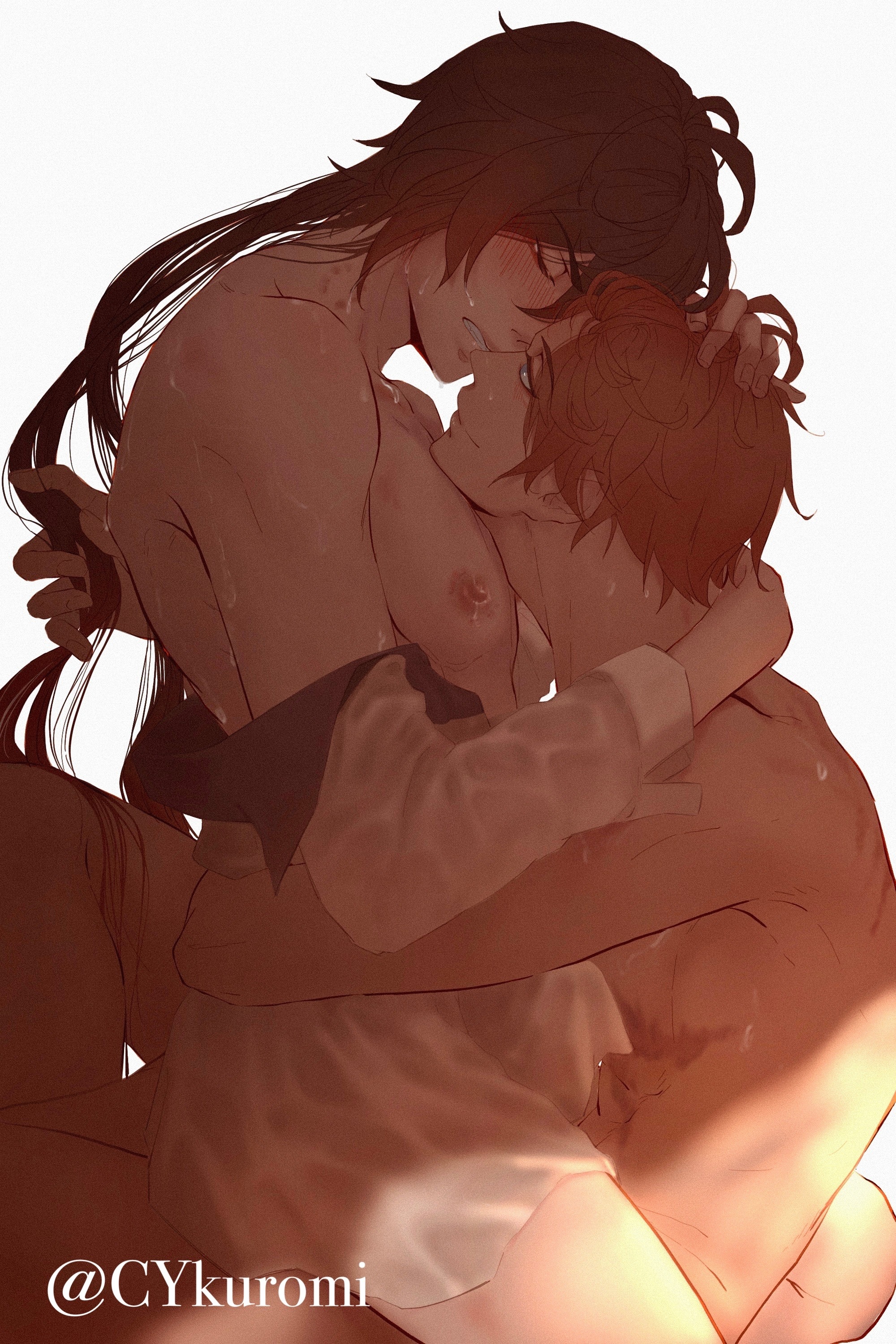 2boys, bite mark, blue eyes, blush, brown hair, childe (genshin impact), cykuromi, genshin impact, hickey, male, male only, orange hair, sweat, tartaglia (genshin impact), yaoi, zhongli (genshin impact)