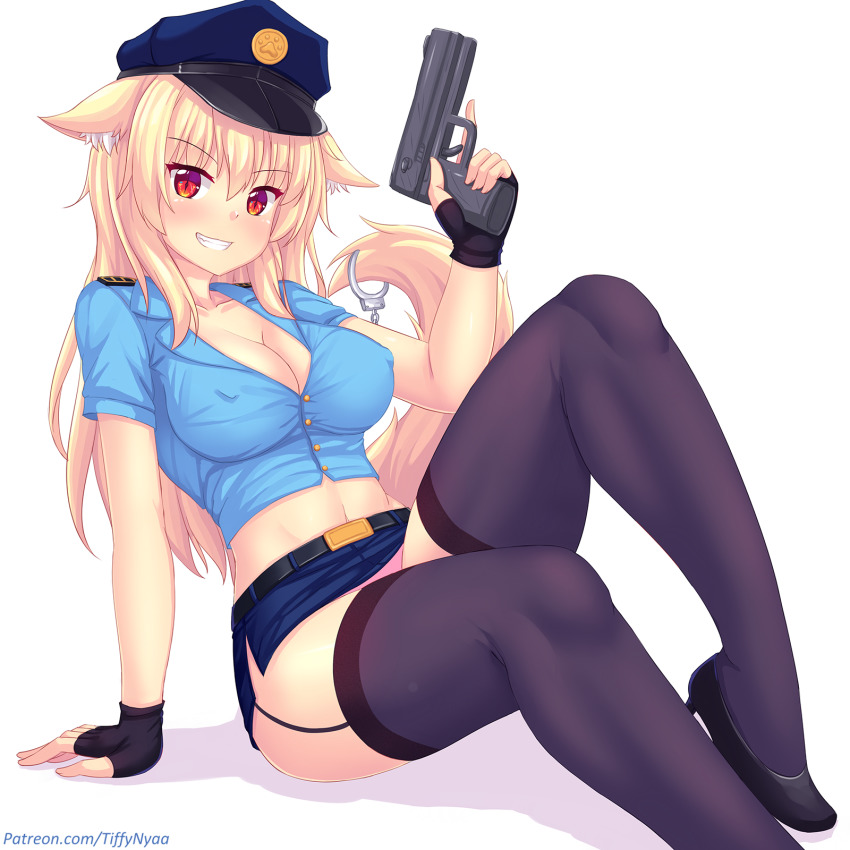 1girls, animal ears, blonde hair, breasts, cat girl, catgirl, cleavage, cop, erect nipples, eyebrows visible through hair, female, female only, fingerless gloves, fox ears, fox girl, garter belt, garter straps, gun, handcuffs, high heels, kemonomimi, large breasts, light skin, light-skinned female, miniskirt, nipples, pale skin, pale-skinned female, panties, pink panties, pistol, police, police hat, police uniform, policewoman, red eyes, skirt, solo, solo female, stockings, tail, thighhighs, tiffy, tiffynyaa, trigger discipline, upskirt