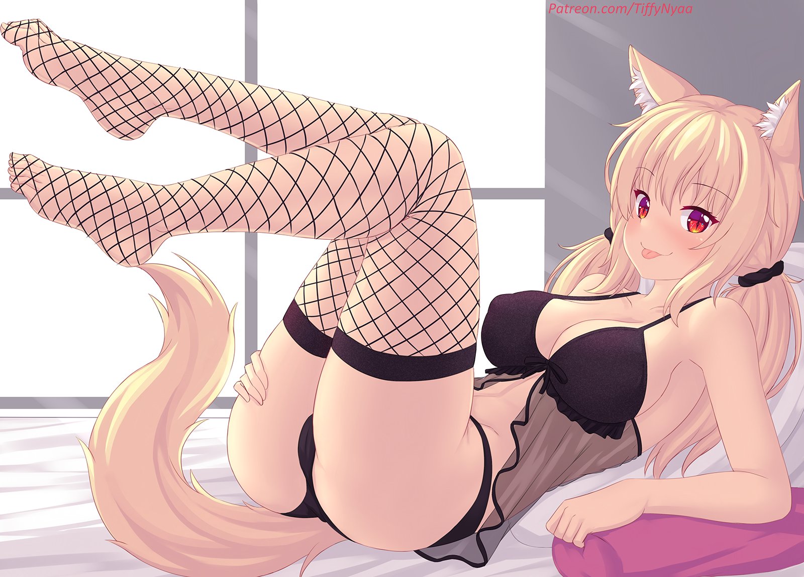 animal ears, black panties, fishnet legwear, fishnets, leg grab, legs up, lingerie, negligee, on back, panties, tail, tiffy, tiffynyaa, tongue, tongue out