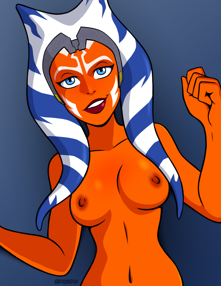 1girls ahsoka_tano alien big_breasts blue_eyes bold-n-brash breasts clone_wars darthguyford female_focus female_only hi_res looking_at_viewer nipples nude nude_female orange_skin simple_background smile smiling solo star_wars the_clone_wars:_season_seven upper_body watermark