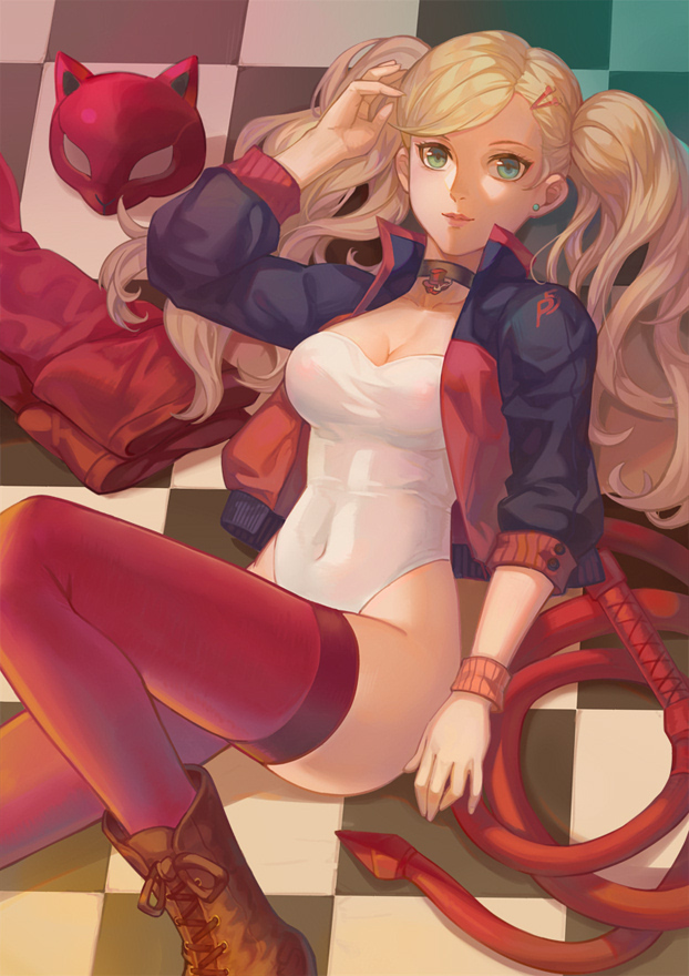 1girls ann_takamaki blonde_hair boots breasts choker earrings green_eyes hairclip jacket jolker large_breasts laying_on_floor leggings leotard mask persona persona_5 red_leggings relaxing twintails whip white_leotard