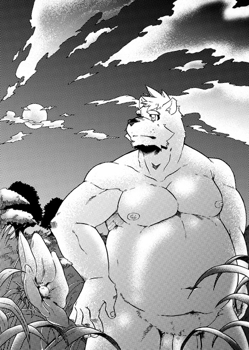 2011 anthro balls belly canid canine canis domestic_dog flaccid ganson genitals humanoid_hands kemono male male_only mammal monochrome moobs nipples outside overweight overweight_anthro overweight_male penis solo