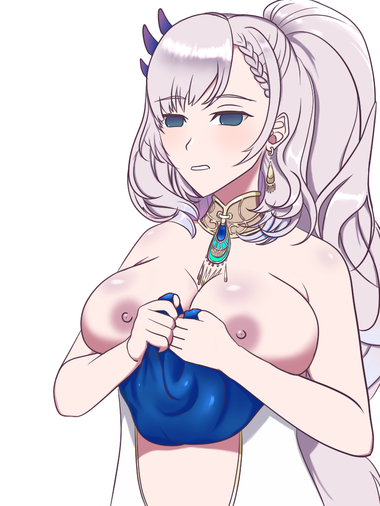 blue_eyes braided_hair brave_zebras earrings feather_hair_ornament female hololive hololive_indonesia hololive_indonesia_holoro large_breasts pavolia_reine silver_hair solo solo_female undressed undressing virtual_youtuber