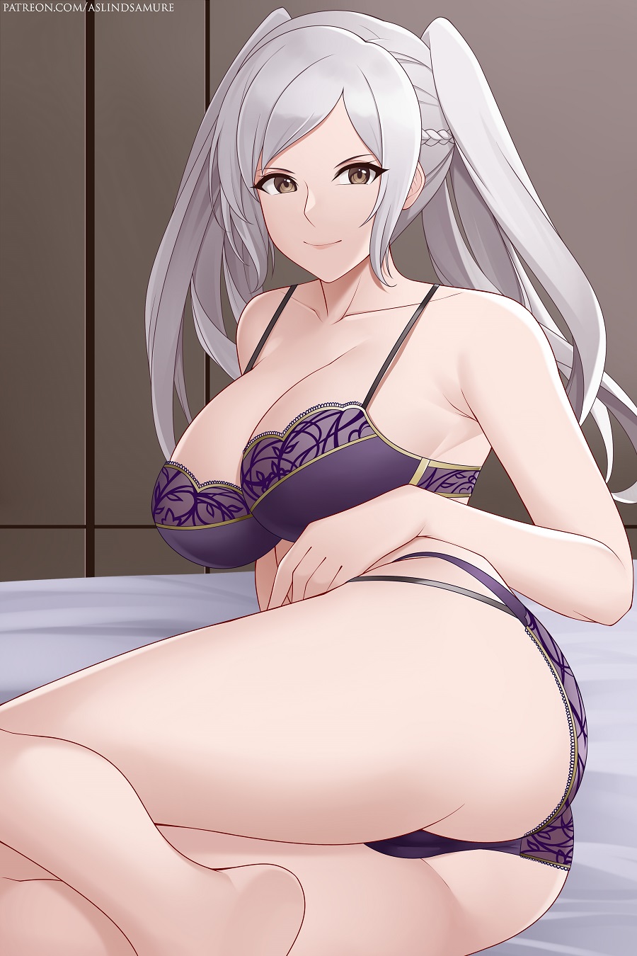 1girls, aslindsamure, ass, bare legs, big ass, big breasts, breasts, brown eyes, female, fire emblem, fire emblem awakening, grey hair, large ass, large breasts, lingerie, looking at viewer, nintendo, panties, purple lingerie, purple panties, robin (fire emblem), robin (fire emblem) (female), silver hair, simple background, smile, solo, solo female, twintails