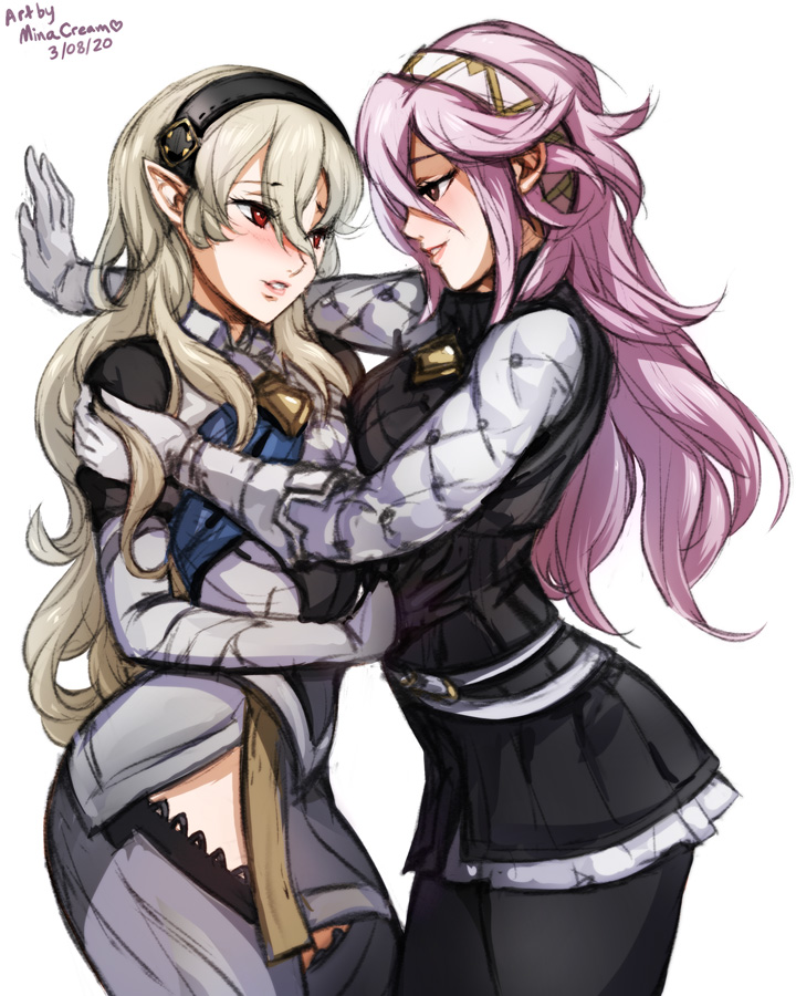 2girls, against wall, armor, bare thighs, belt, black shirt, black skirt, blonde hair, breasts, corrin (fire emblem), corrin (fire emblem) (female), female, female only, female protagonist, fire emblem, fire emblem awakening, fire emblem fates, fully clothed, gloves, hairband, hand on another's hip, hand on hip, hand on shoulder, inner thighs, large breasts, long hair, minacream, nintendo, pantyhose, pink hair, purple eyes, red eyes, shirt, skirt, soleil (fire emblem), thighhighs, thighs, white hair, yuri