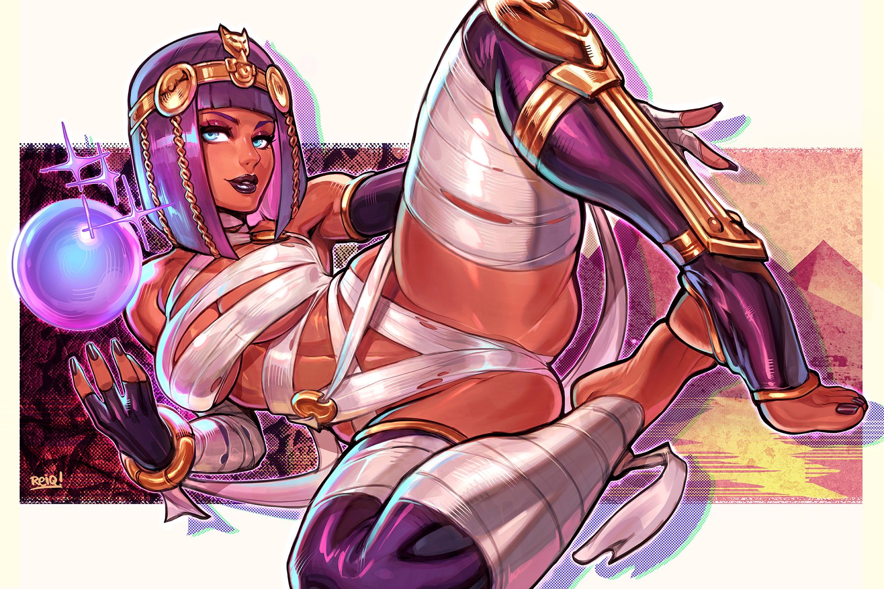 1girls, bangs, big breasts, blue eyes, blunt bangs, bob cut, breasts, capcom, cleavage, dark skin, dark-skinned female, egyptian, eyeshadow, feet, feet together, female, female only, large breasts, legs open, legs spread, lipstick, looking at viewer, makeup, menat (street fighter), nail polish, open legs, painted nails, painted toenails, purple hair, reiq, solo, spread legs, stirrup legwear, stirrup socks, street fighter, street fighter v, thighhighs, toeless legwear, toenail polish