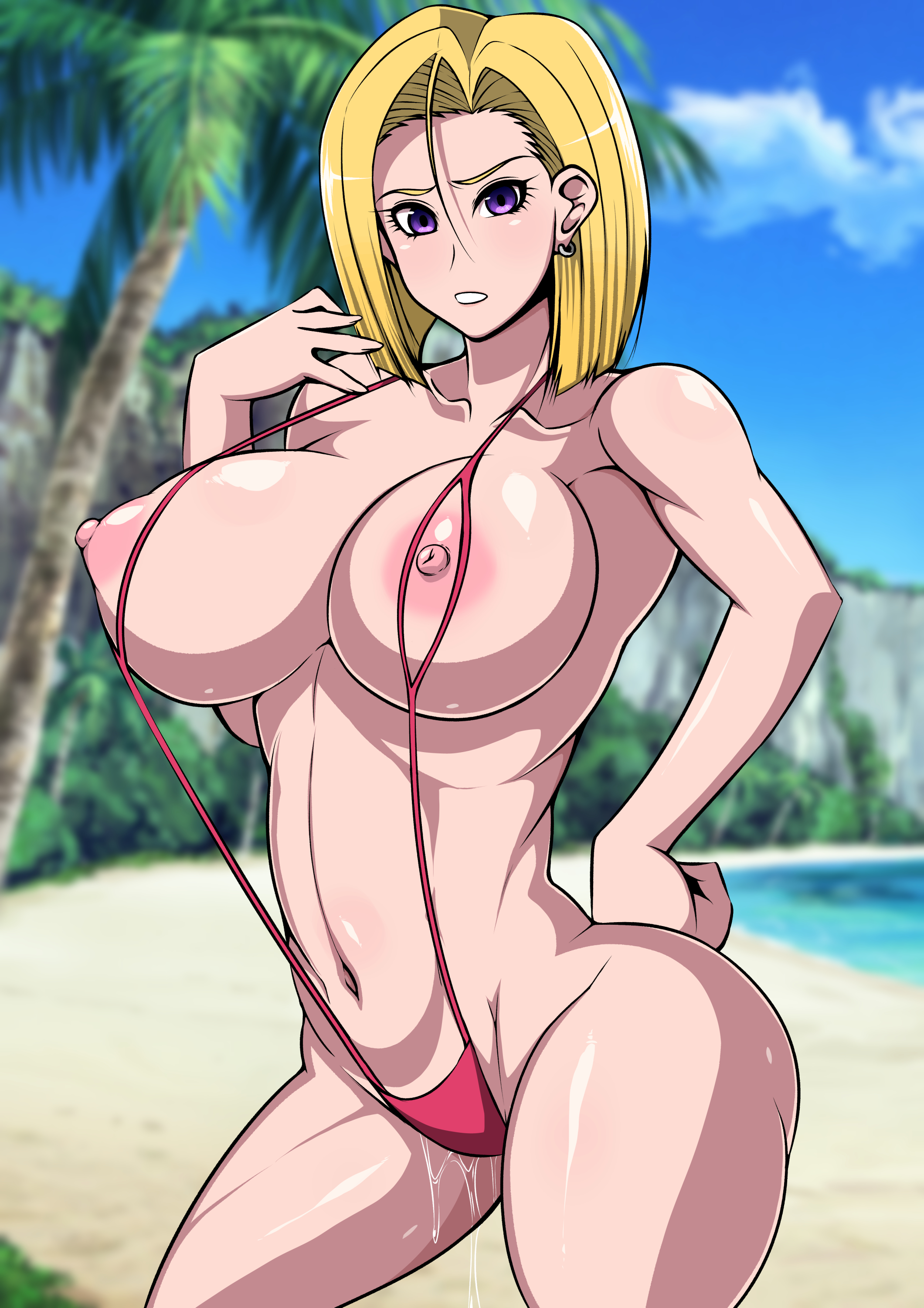 1girls, absurd res, android 18, areolae, beach, bikini, blonde hair, breasts, curvy, dragon ball, dragon ball z, earrings, exposed nipples, female, female only, hi res, large breasts, light skin, light-skinned female, looking at viewer, myougi kuraganosuke, nipples, pale skin, pale-skinned female, purple eyes, pussy, pussy juice, short hair, sling bikini, solo, wide hips