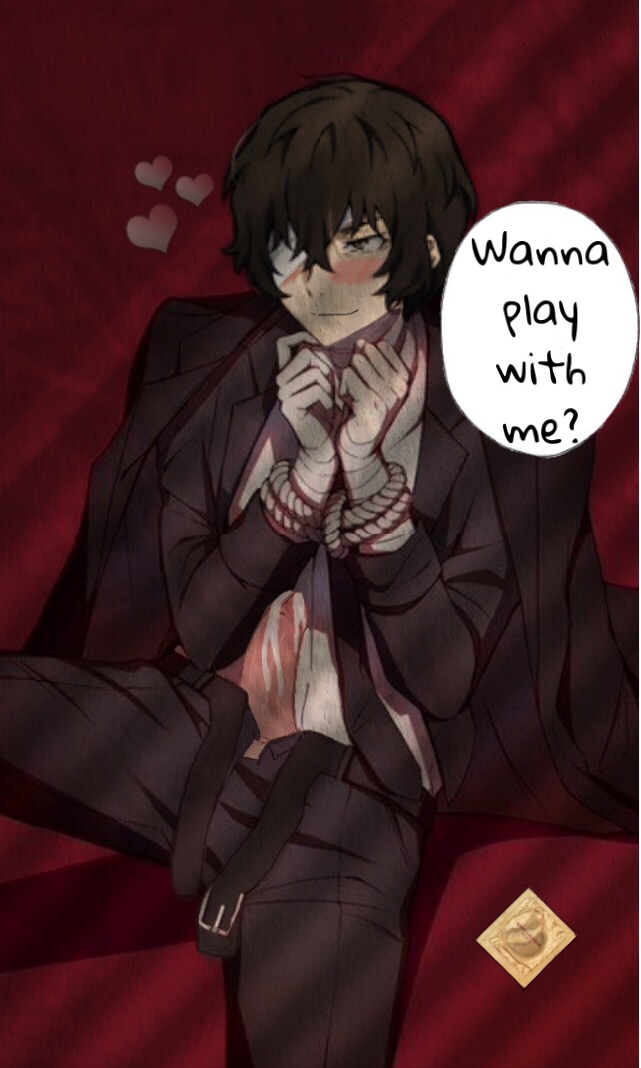 1boy, artist request, bandages, belt, blush, bungo stray dogs, condom, daddy, dazai osamu, dialogue, eyepatch, fully clothed, male, male only, rope bondage, smug, solo, suit, tagme, unzipped, wrists bound