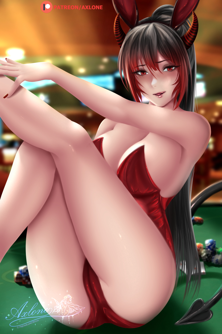 axlone black_hair blush bunny_ears bunny_suit busty cameltoe casino devil_horns devil_tail poker_chips poker_table red_eyes red_highlights two_tone_hair