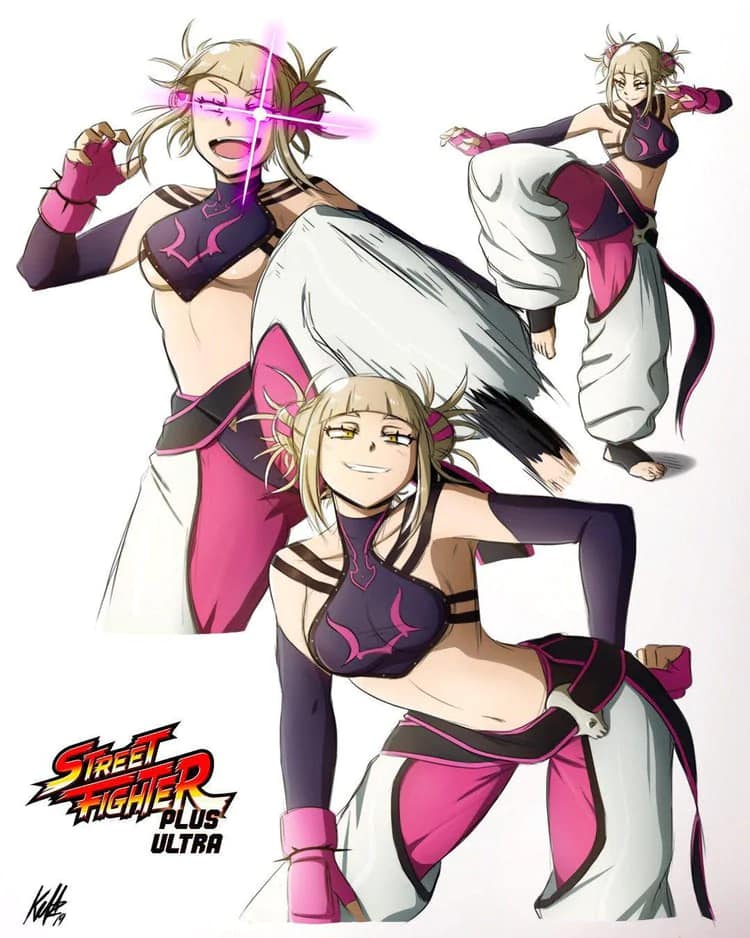 1girls, blonde hair, breasts, capcom, double bun, fangs, feet, female, hair bun, hair buns, hairbun, himiko toga, juri han (cosplay), kellzallday, my hero academia, navel, open mouth, shounen jump, sideboob, street fighter, toes, underboob, yellow eyes
