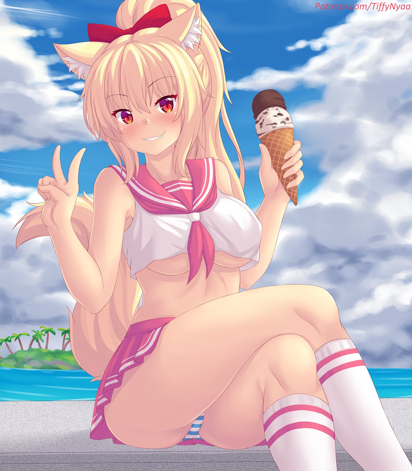 animal ears, astolfo (fate) (cosplay), breasts, crossed legs, fang, female, panties, striped panties, tail, tiffy, tiffynyaa, underboob, upskirt
