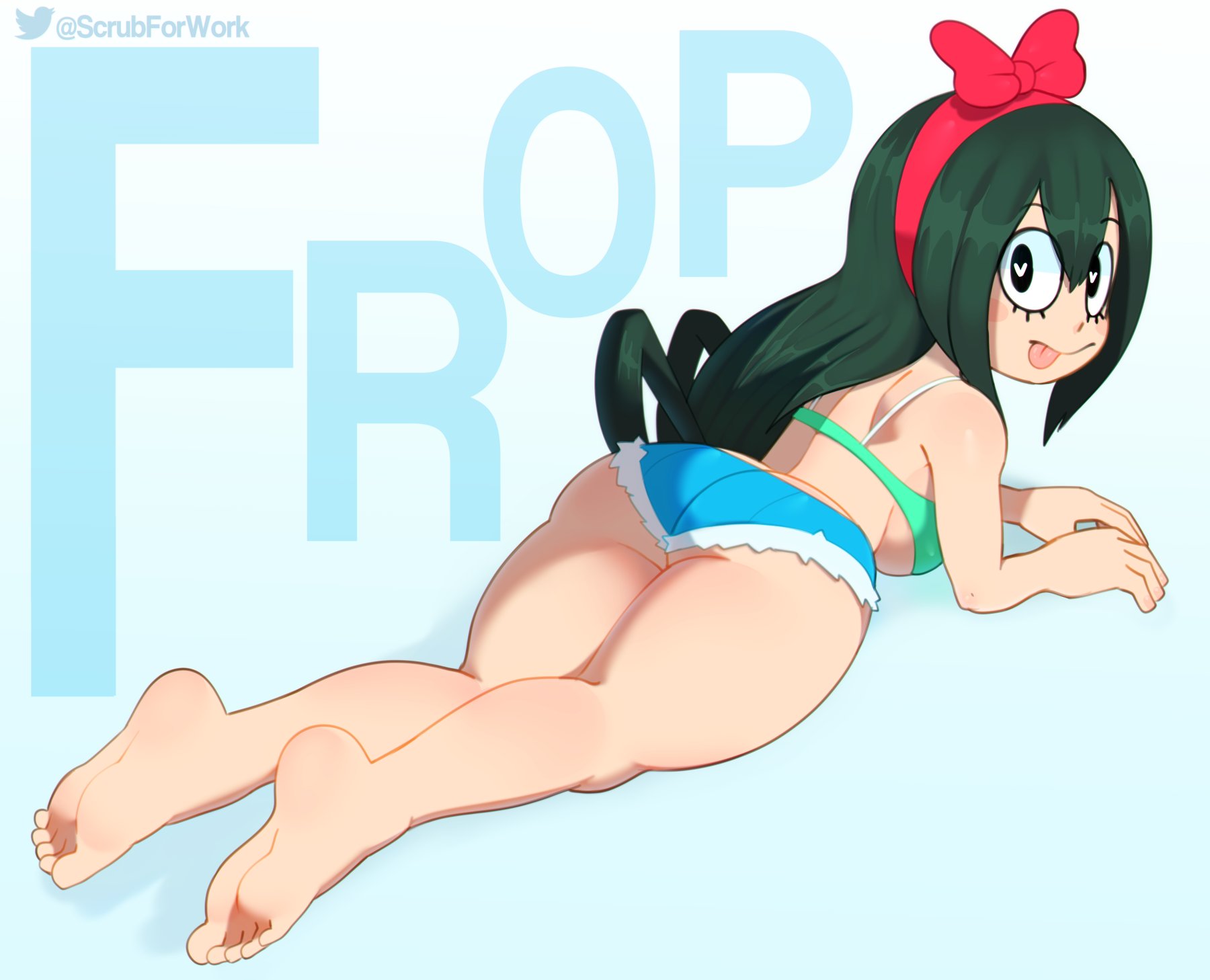 1girls, ass, ass cleavage, ass crack, big ass, breasts, butt crack, denim shorts, female, female only, hairband, hairbow, hotpants, looking at viewer, looking back, lying on stomach, my hero academia, shorts, sideboob, solo, solo female, solo focus, somescrub, thick thighs, tongue, tongue out, tsuyu asui, wide hips