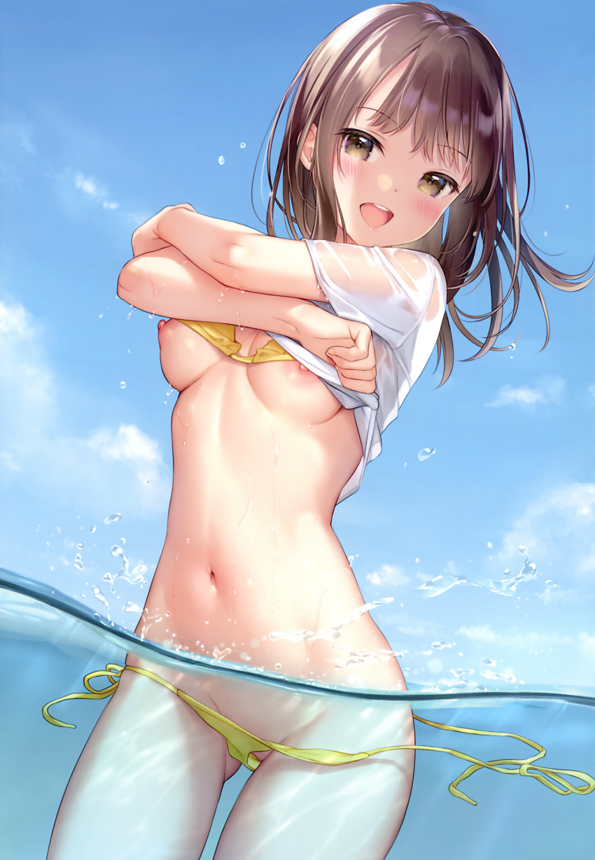 barely clothed, barely visible genitalia, barely visible pussy, breasts, brown eyes, brown hair, female, female focus, female only, medium breasts, mignon, nipples, nude, original, original character, panties, panties removed, pussy, short hair, smile, smiling, solo, solo female, solo focus, wet