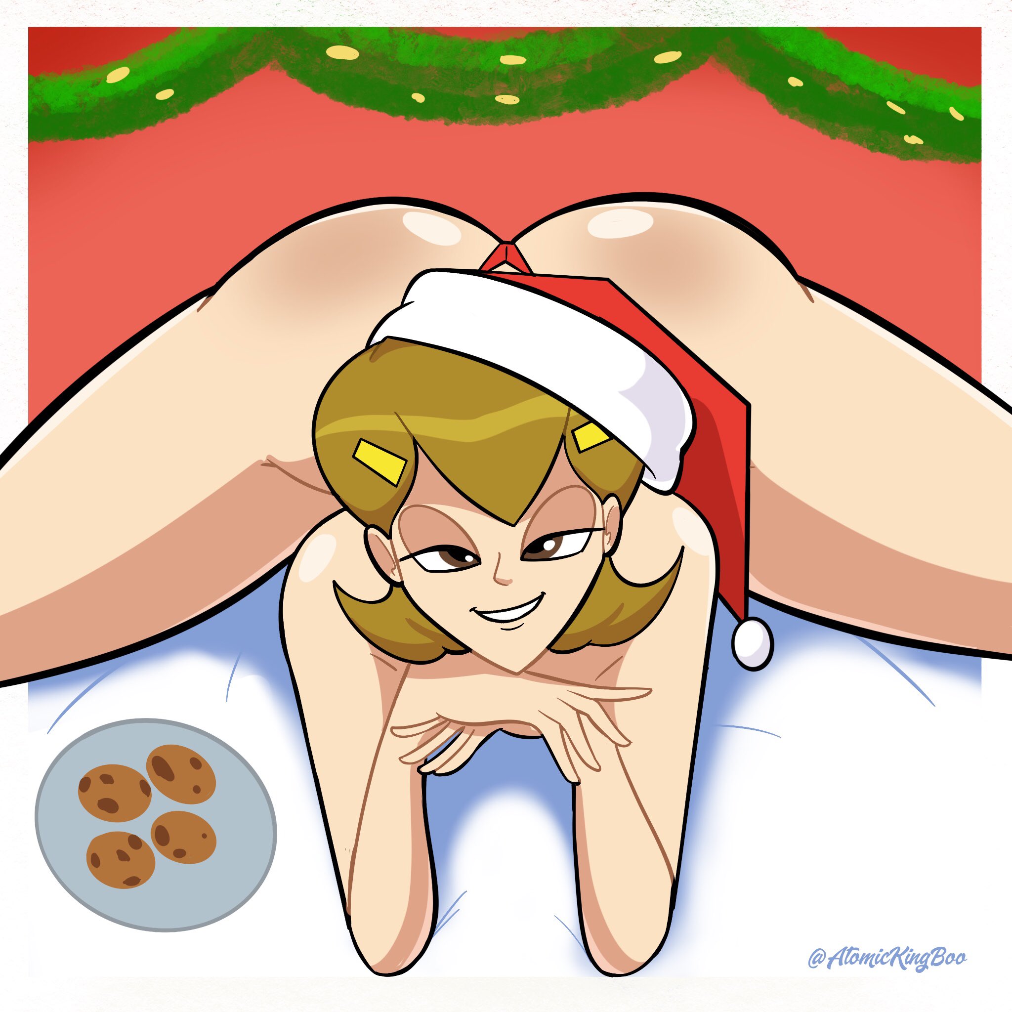 1girls, 5-volt, ass, atomickingboo, bubble ass, bubble butt, chocolate chip cookie, christmas, cookie, cookies, female, female only, legs, looking at viewer, mario (series), milf, mostly nude, nintendo, partially clothed, santa hat, seductive, seductive smile, smile, thighs, thong, topless, voluptuous, wario (series), warioware