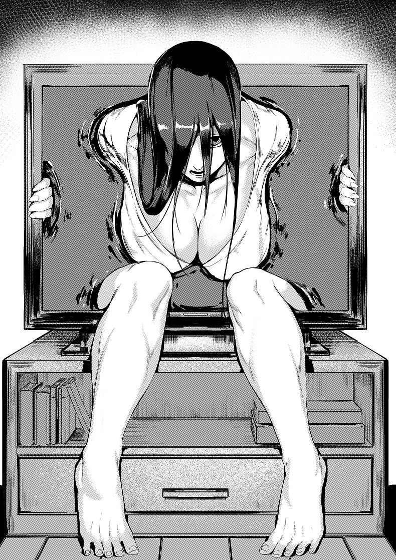1girls, barefoot, big breasts, breasts, cleavage, dark hair, feet, female, female only, ghost, ghost girl, hanging breasts, horror (theme), long hair, looking at viewer, loose clothes, monochrome, one eye covered, solo, stuck, stuck in object, television, the ring, toes, tv, yamamura sadako