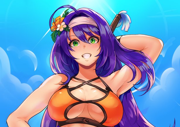 1girls alternate_breast_size alternate_costume big_breasts bikini breasts female female_only fire_emblem fire_emblem:_path_of_radiance fire_emblem:_radiant_dawn fire_emblem_heroes from_below green_eyes grin large_breasts long_hair looking_at_viewer looking_down mia_(fire_emblem) mia_(summer)_(fire_emblem) nintendo official_alternate_costume orange_bikini orange_swimsuit purple_hair revolverwingstudios sideboob smile solo swimsuit upper_body