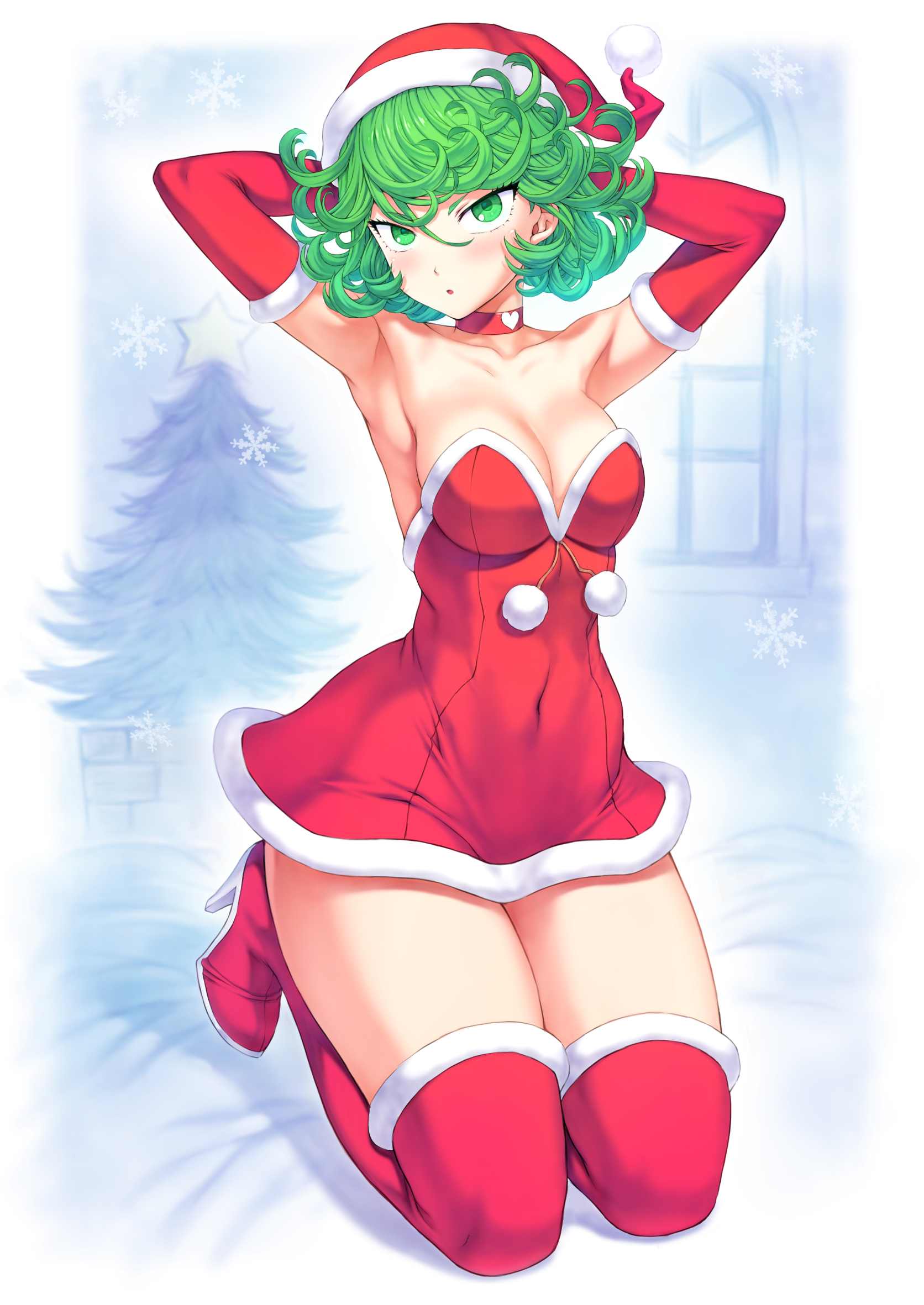 1girls, big breasts, blush, breasts, christmas, christmas outfit, female, green eyes, green hair, mogudan, one-punch man, pinup, solo, tatsumaki, thick thighs