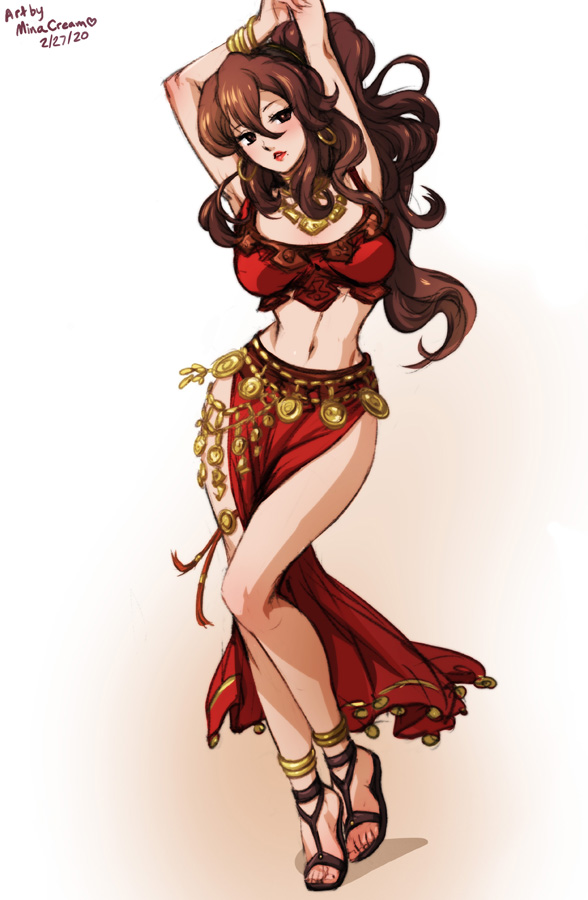 1girls arms_up bare_legs bare_midriff big_breasts brown_eyes brown_hair dancer dancing female_only fully_clothed hair_between_eyes harem_outfit hourglass_figure lips long_hair long_legs looking_at_viewer midriff minacream octopath_traveler ponytail primrose_azelhart solo solo_female white_background wide_hips