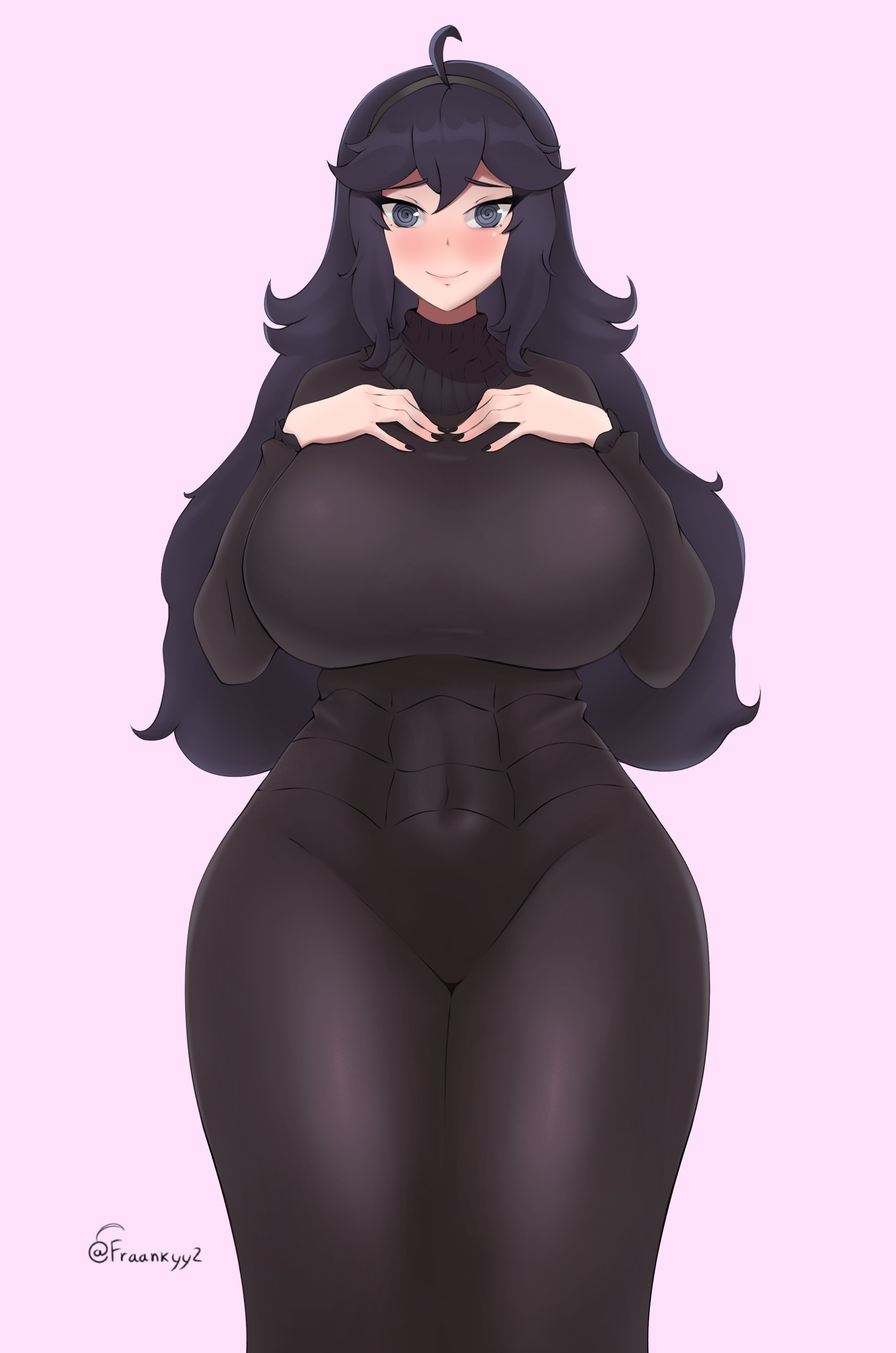 1girls, black dress, breasts, clothed, curvaceous, dress, female, fraankyy, hands on own chest, hex maniac, high resolution, large breasts, long dress, looking at viewer, nail polish, pokemon, purple eyes, purple hair, socks, solo, standing, thick thighs, thighs, very high resolution, wide hips