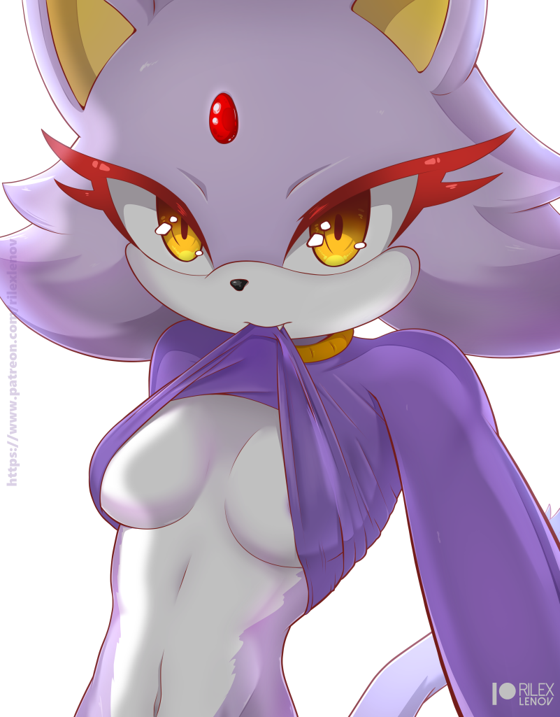 anthro blaze_the_cat breasts clothed clothing clothing_lift cute_fangs domestic_cat felid feline felis female forehead_gem fur half-length_portrait looking_at_viewer mammal multicolored_body multicolored_fur portrait purple_body purple_fur rilex_lenov shirt shirt_in_mouth shirt_lift solo sonic_(series) sonic_the_hedgehog_(series) topwear white_body white_fur yellow_eyes