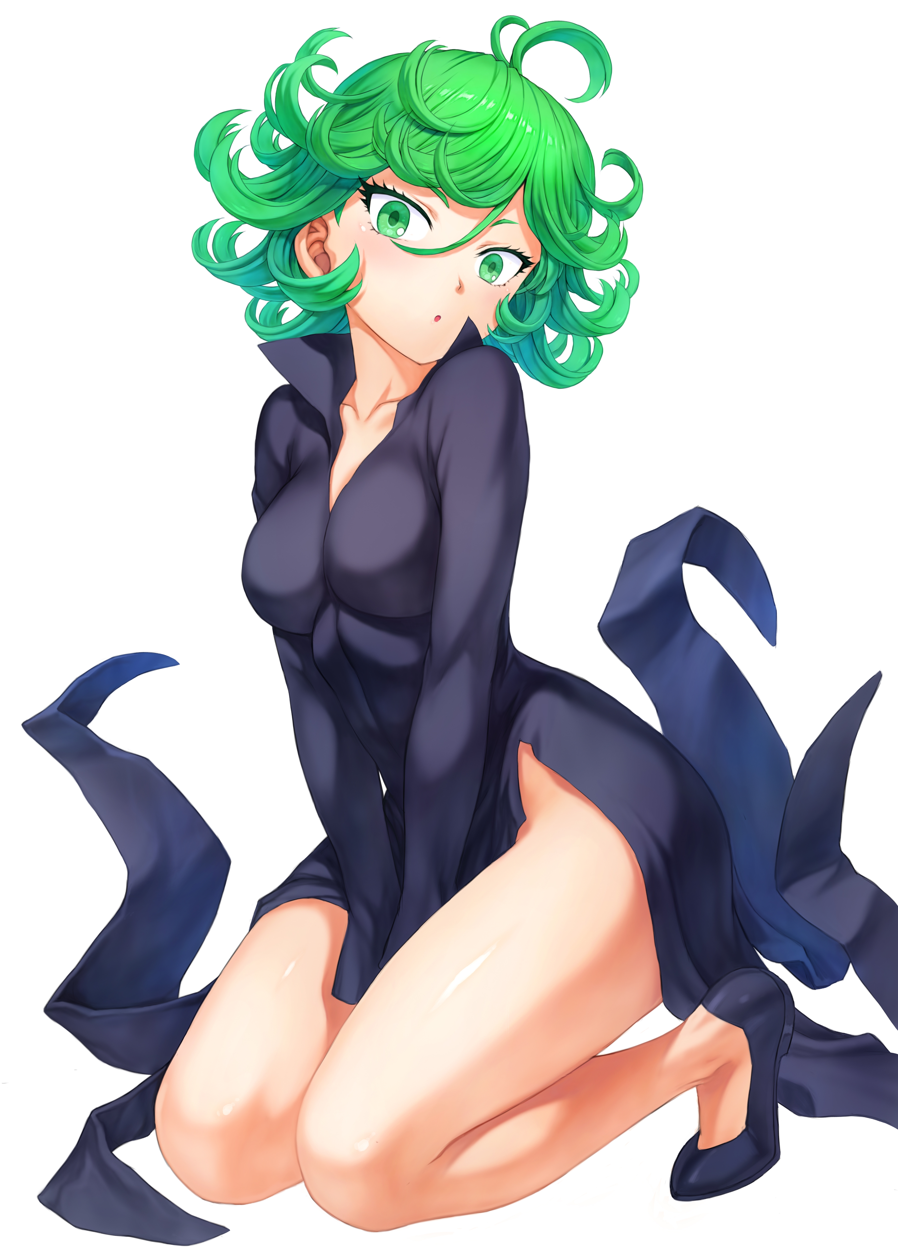 1girls, breasts, dress, female, female only, green eyes, green hair, mogudan, one-punch man, small breasts, solo, tatsumaki, thick thighs