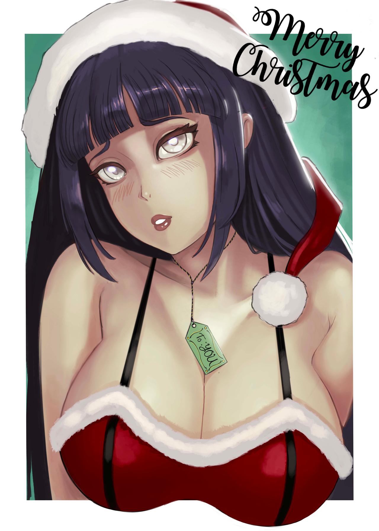 1girls, bare shoulders, big breasts, blush, breasts, christmas, female, female only, hyuuga hinata, label, large breasts, long hair, looking at viewer, naruto, naruto (series), naruto shippuden, purple hair, santa costume, santa hat, straps, tank top, upper body, violet eyes, white border