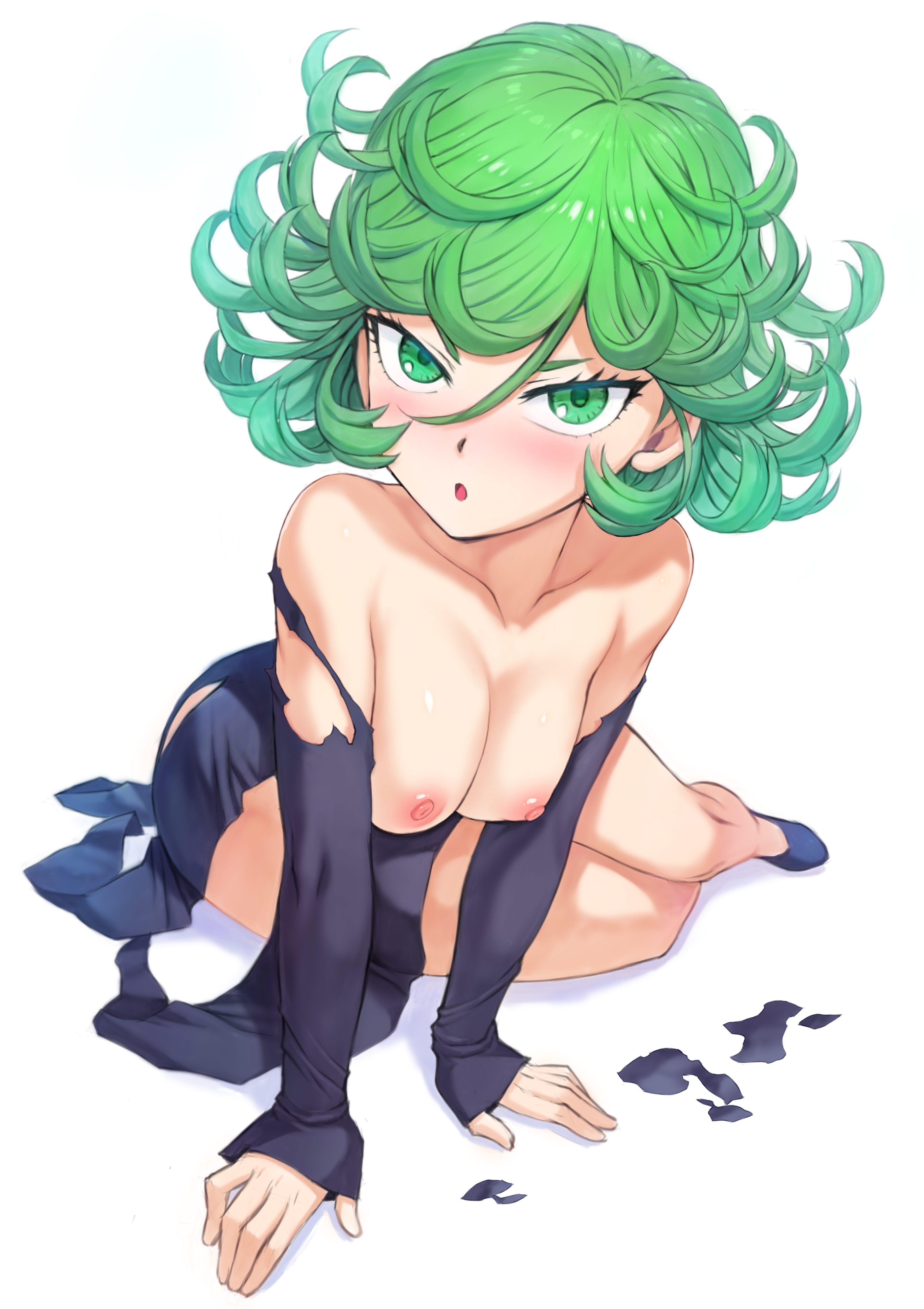 1girls, absurdres, alternate breast size, bangs, bare legs, black dress, black footwear, blush, breasts, closed mouth, collarbone, collared dress, curly hair, down blouse, dress, eyelashes, fanbox reward, female, female only, flipped hair, full body, green eyes, green hair, hair between eyes, hands on floor, highres, long sleeves, looking at viewer, lying, medium breasts, mogudan, nipples, on side, one-punch man, paid reward, shoes, side slit, sleeves past wrists, solo, tatsumaki, torn clothes, torn dress, white background, wing collar